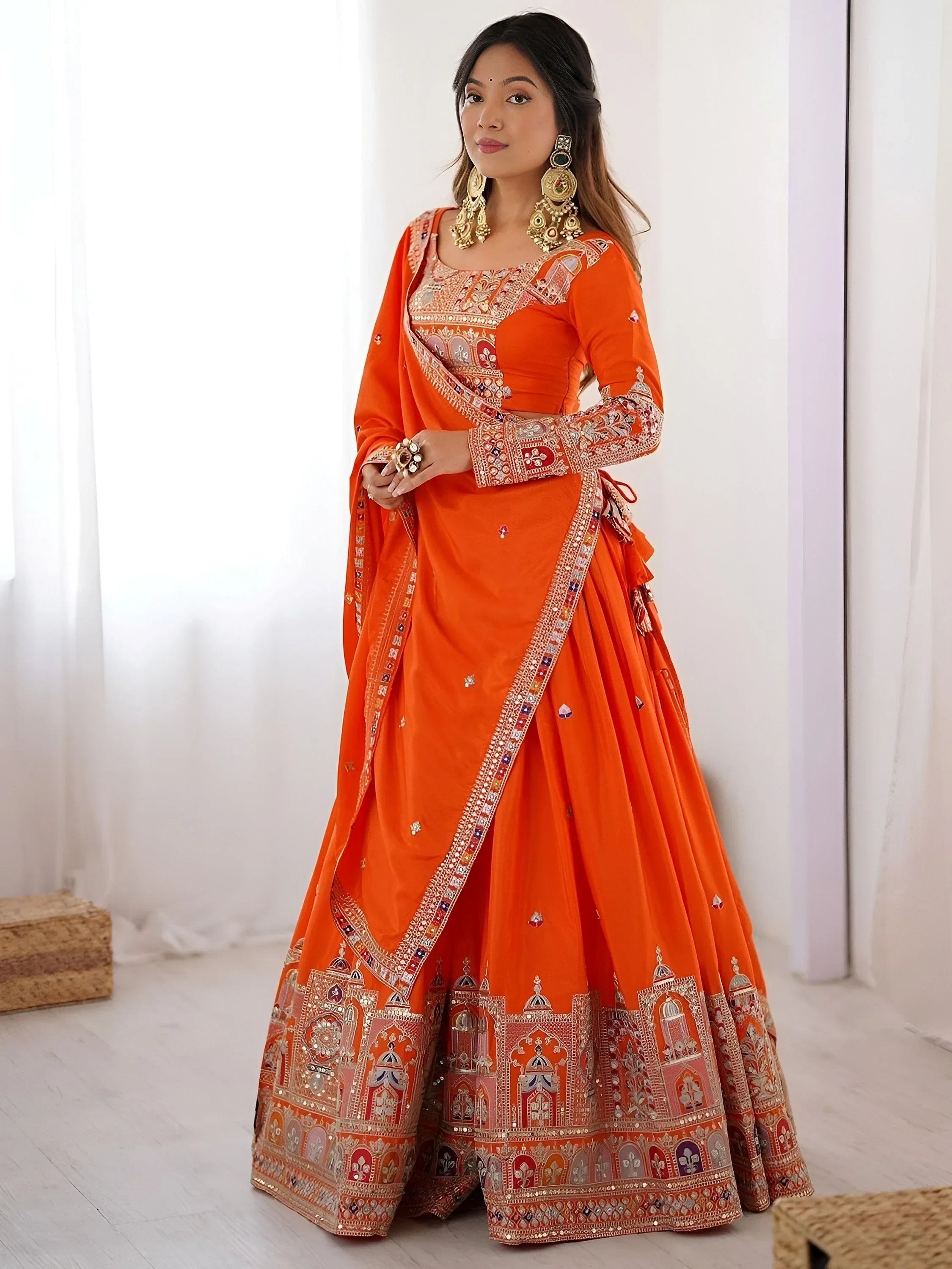 Orange Magnetic Coding Work Crepe Silk Designer Lehenga Choli