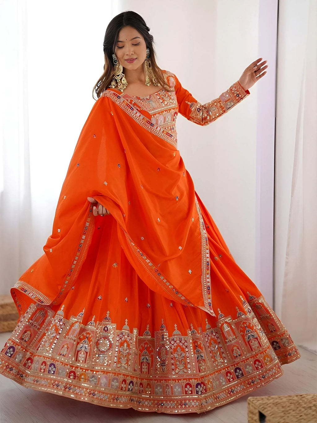 Orange Magnetic Coding Work Crepe Silk Designer Lehenga Choli