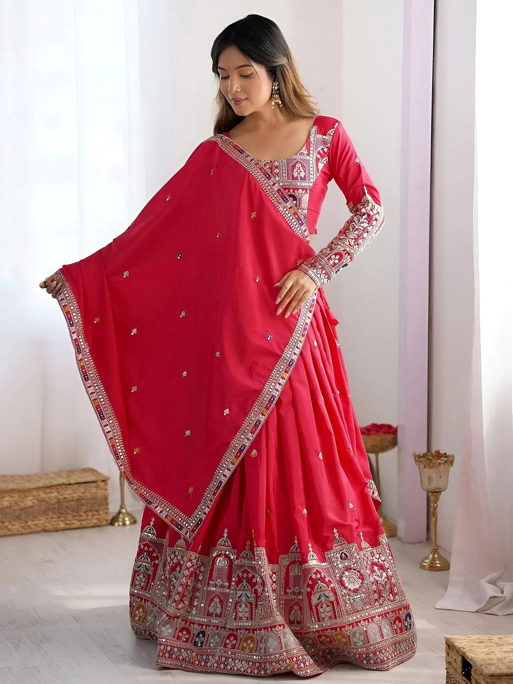 Pink Magnetic Coding Work Crepe Silk Designer Lehenga Choli