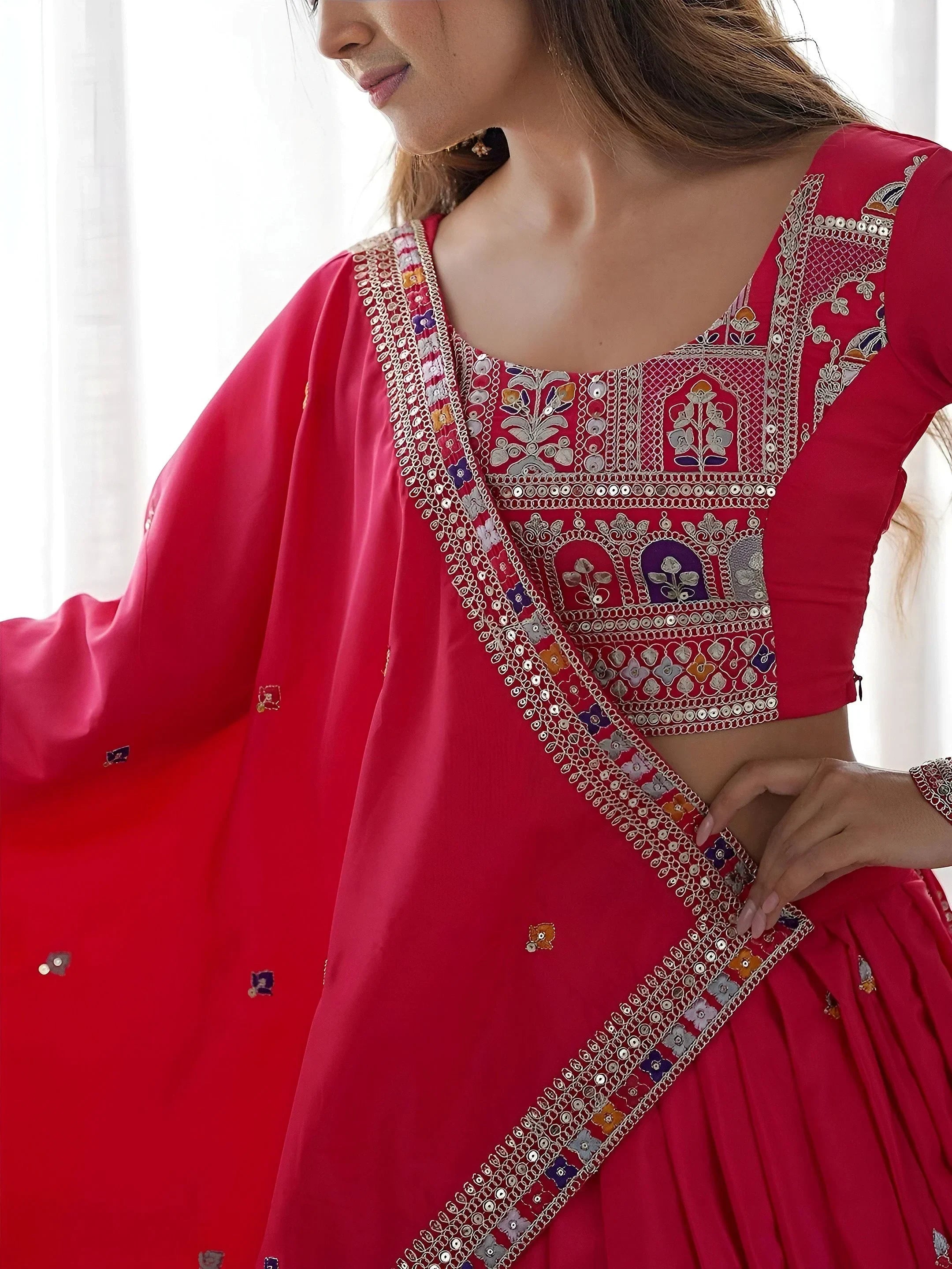 Pink Magnetic Coding Work Crepe Silk Designer Lehenga Choli