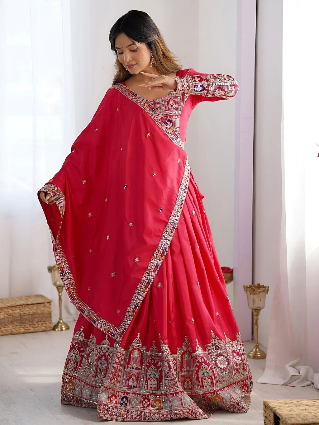 Pink Magnetic Coding Work Crepe Silk Designer Lehenga Choli