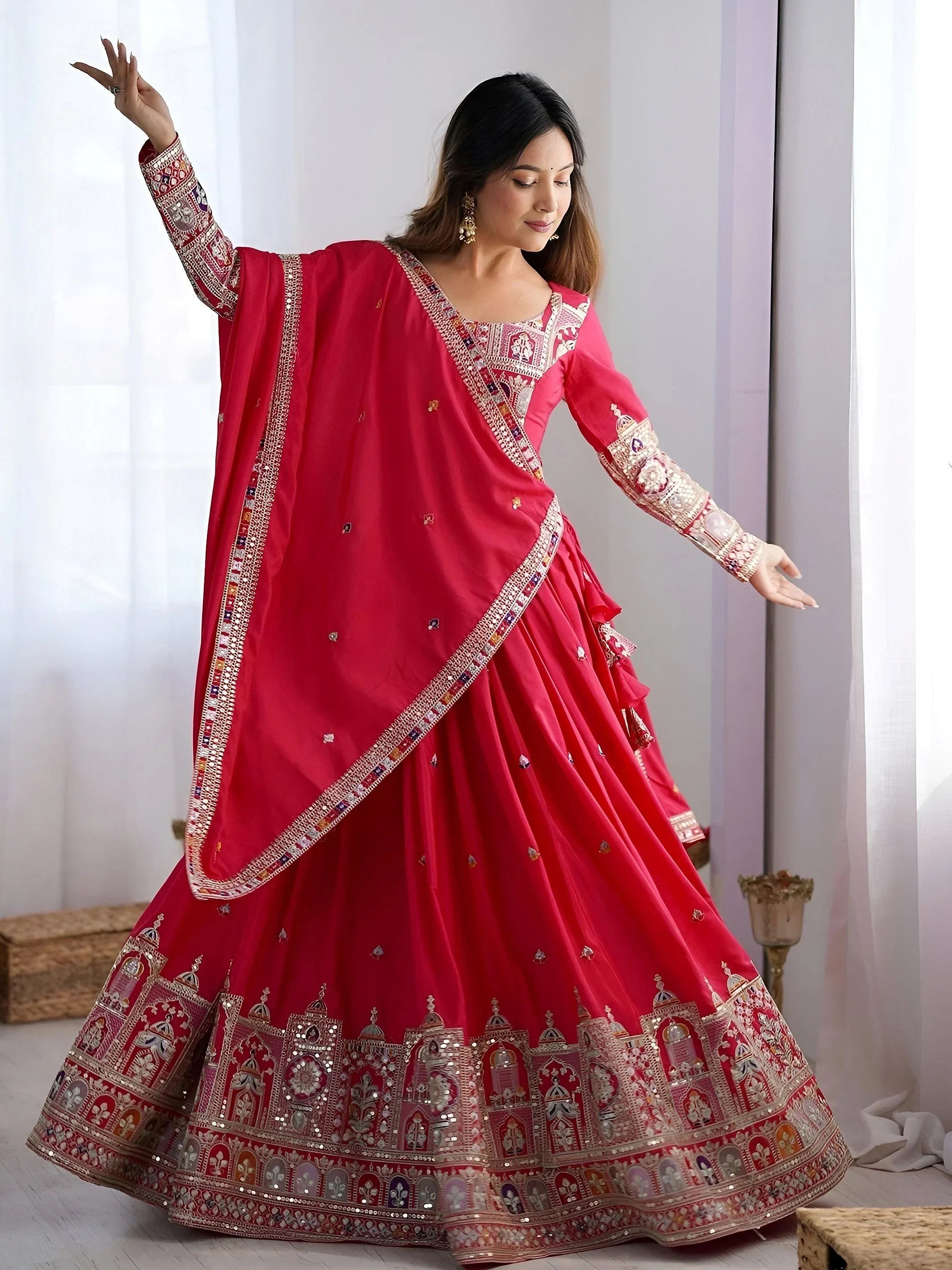 Pink Magnetic Coding Work Crepe Silk Designer Lehenga Choli