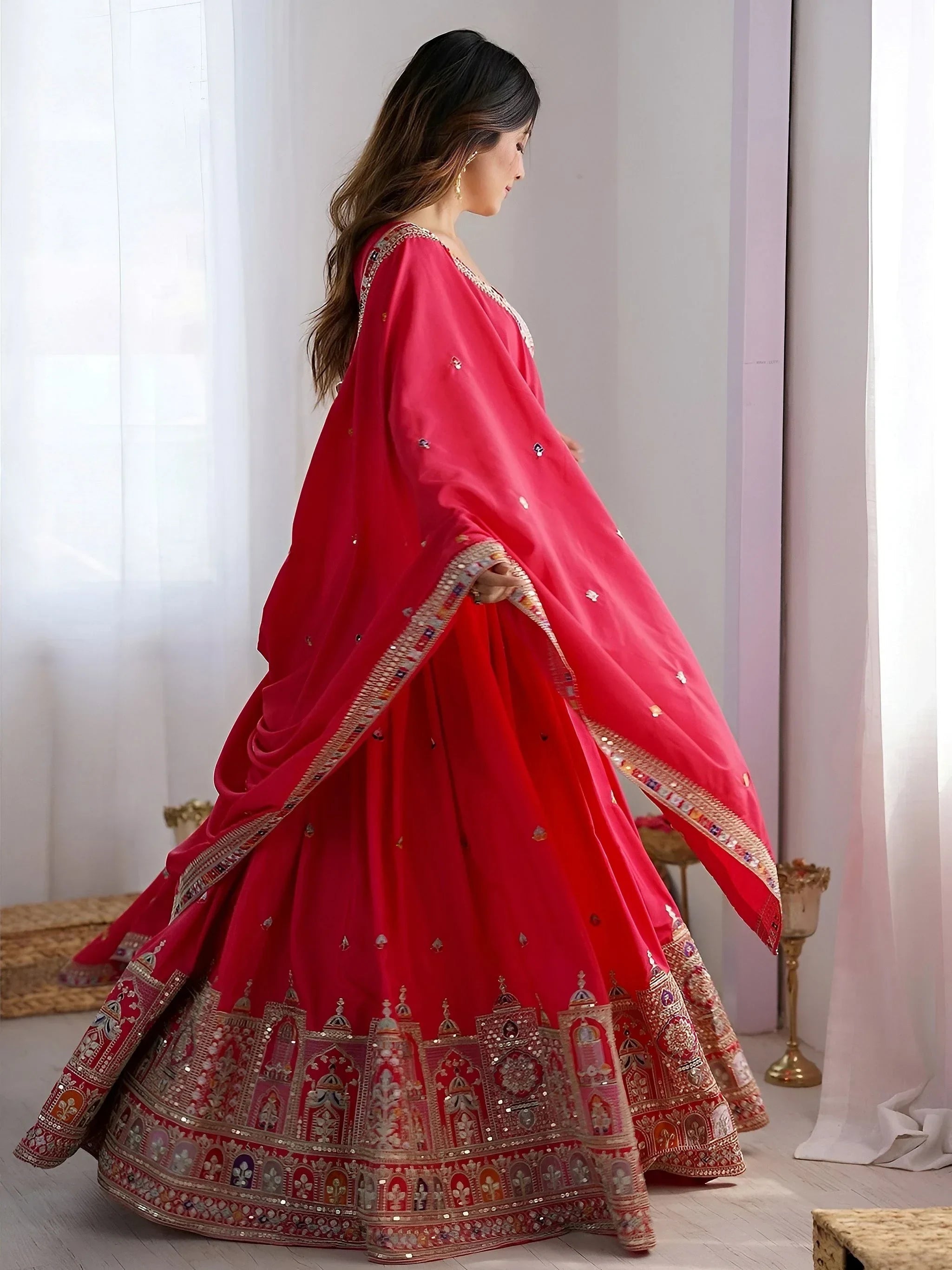 Pink Magnetic Coding Work Crepe Silk Designer Lehenga Choli