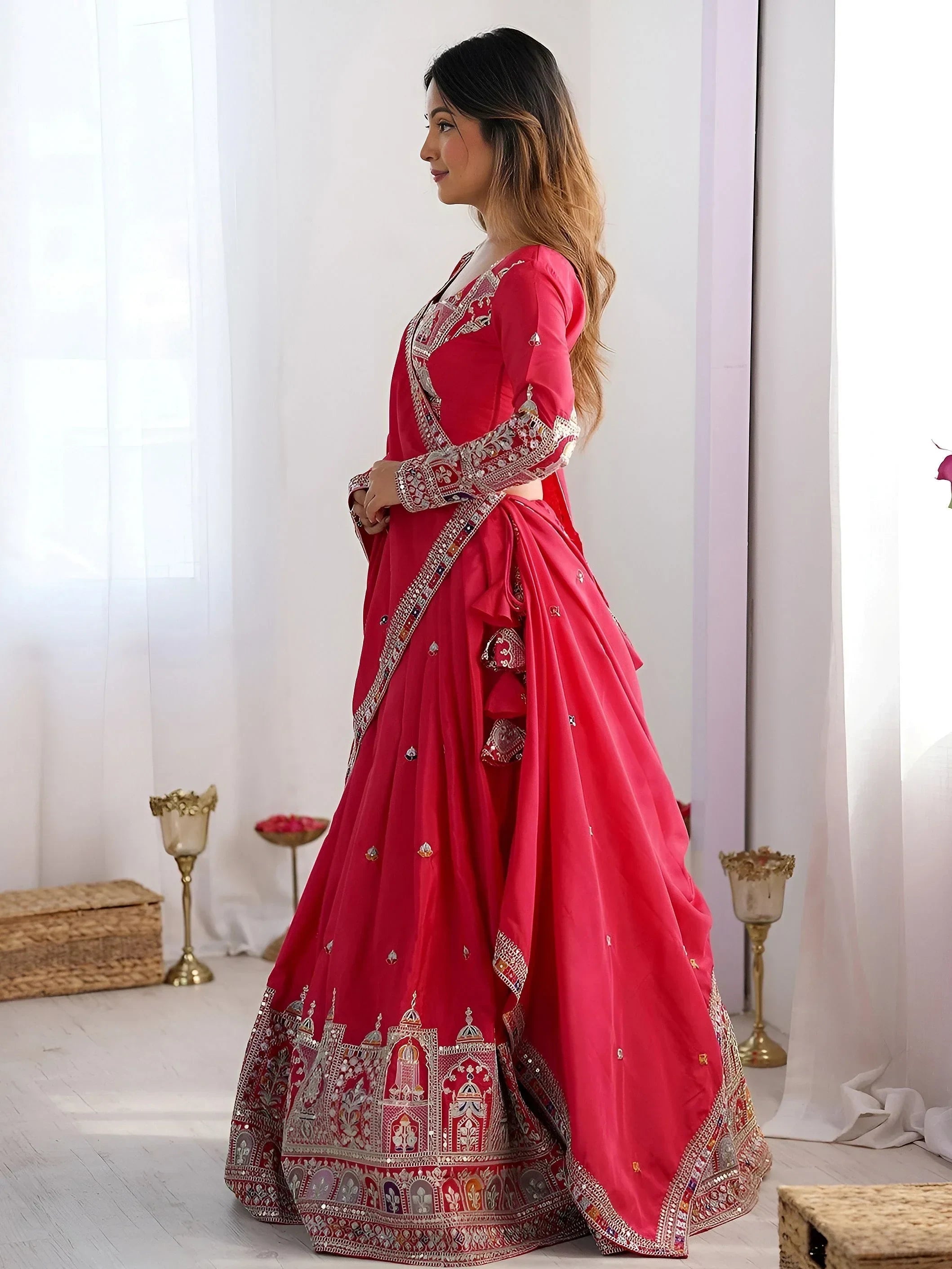 Pink Magnetic Coding Work Crepe Silk Designer Lehenga Choli