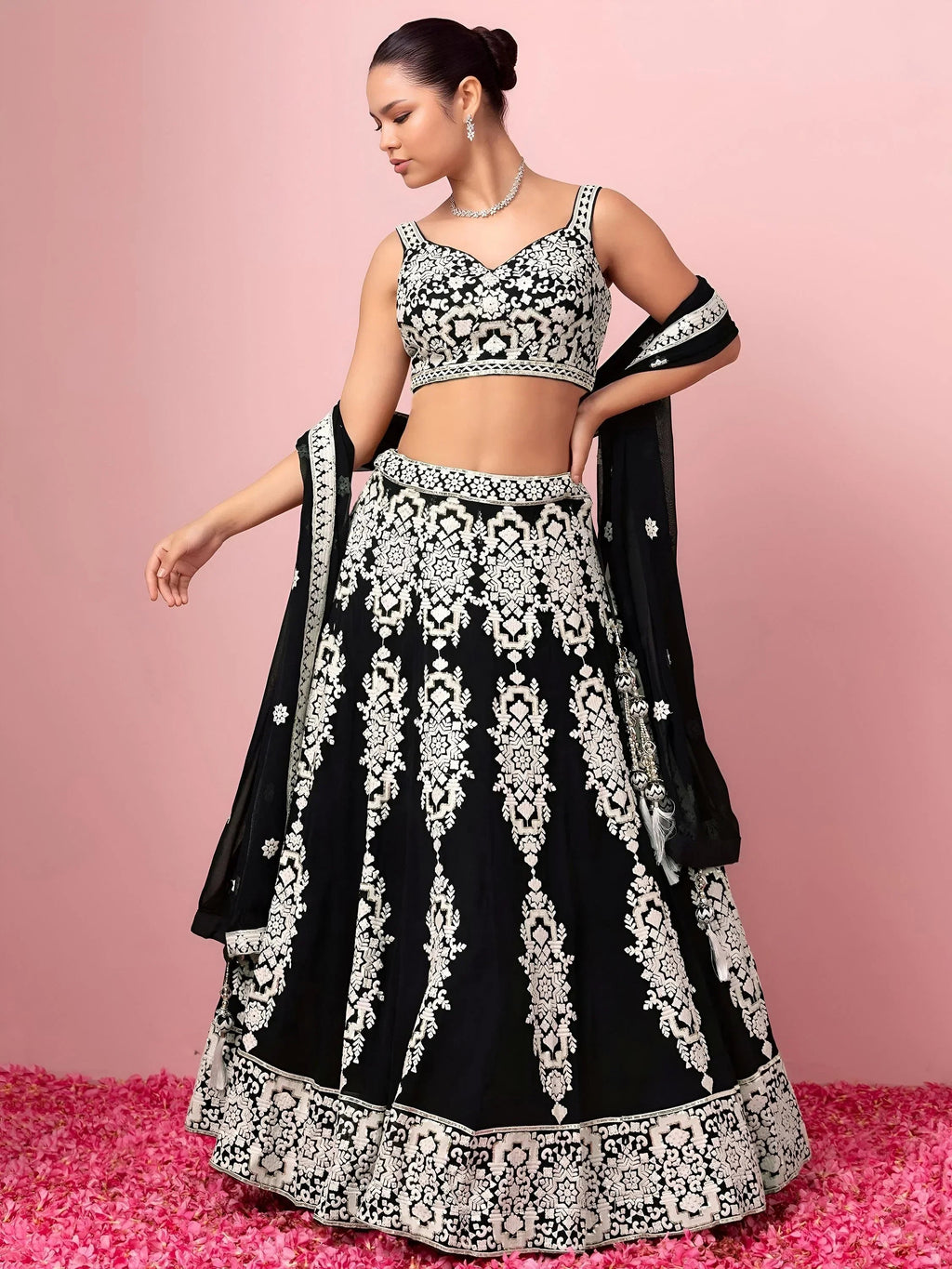 Black Captivating Thread Work Georgette Reception Wear Lehenga Choli
