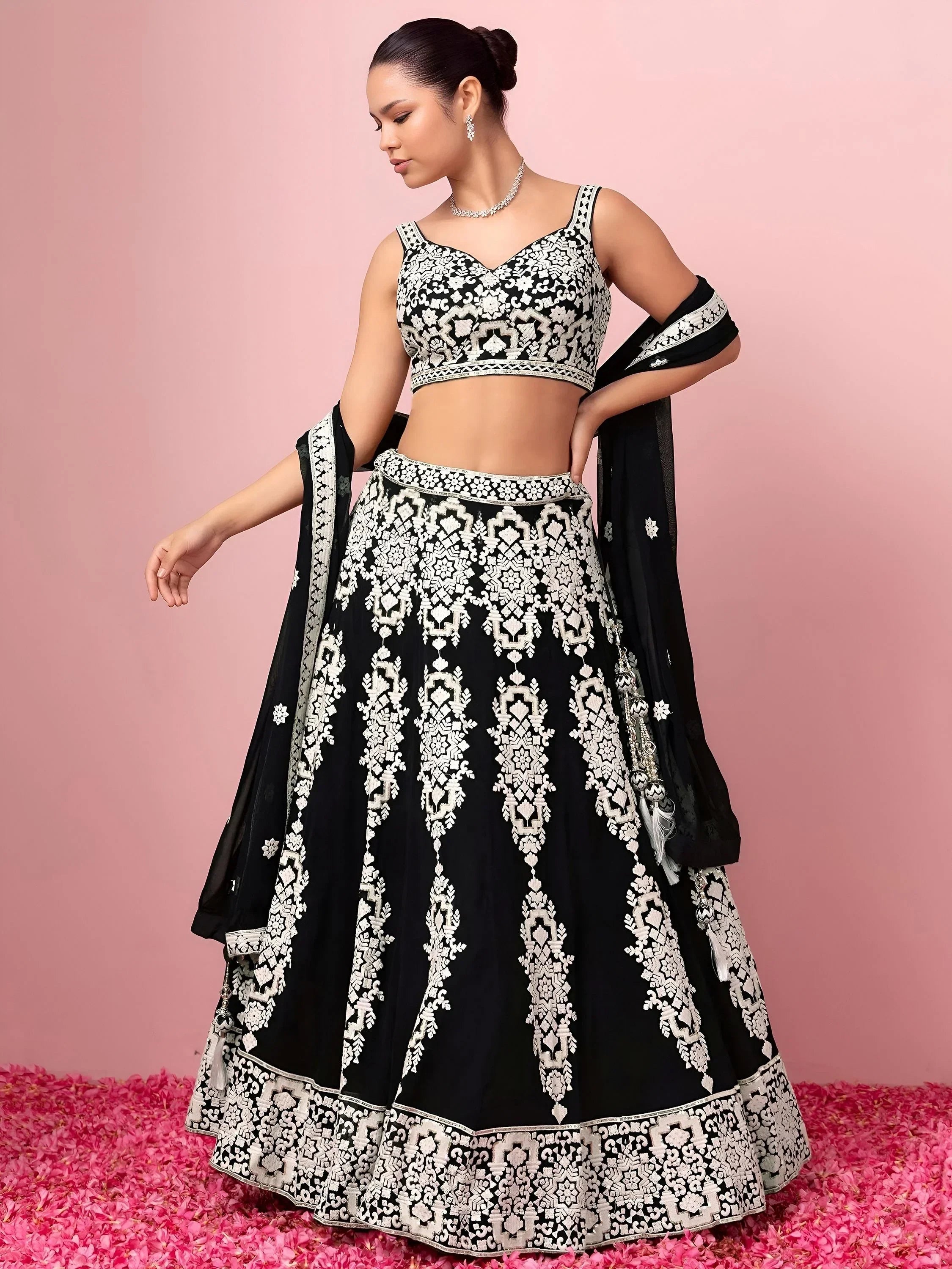 Black Captivating Thread Work Georgette Reception Wear Lehenga Choli