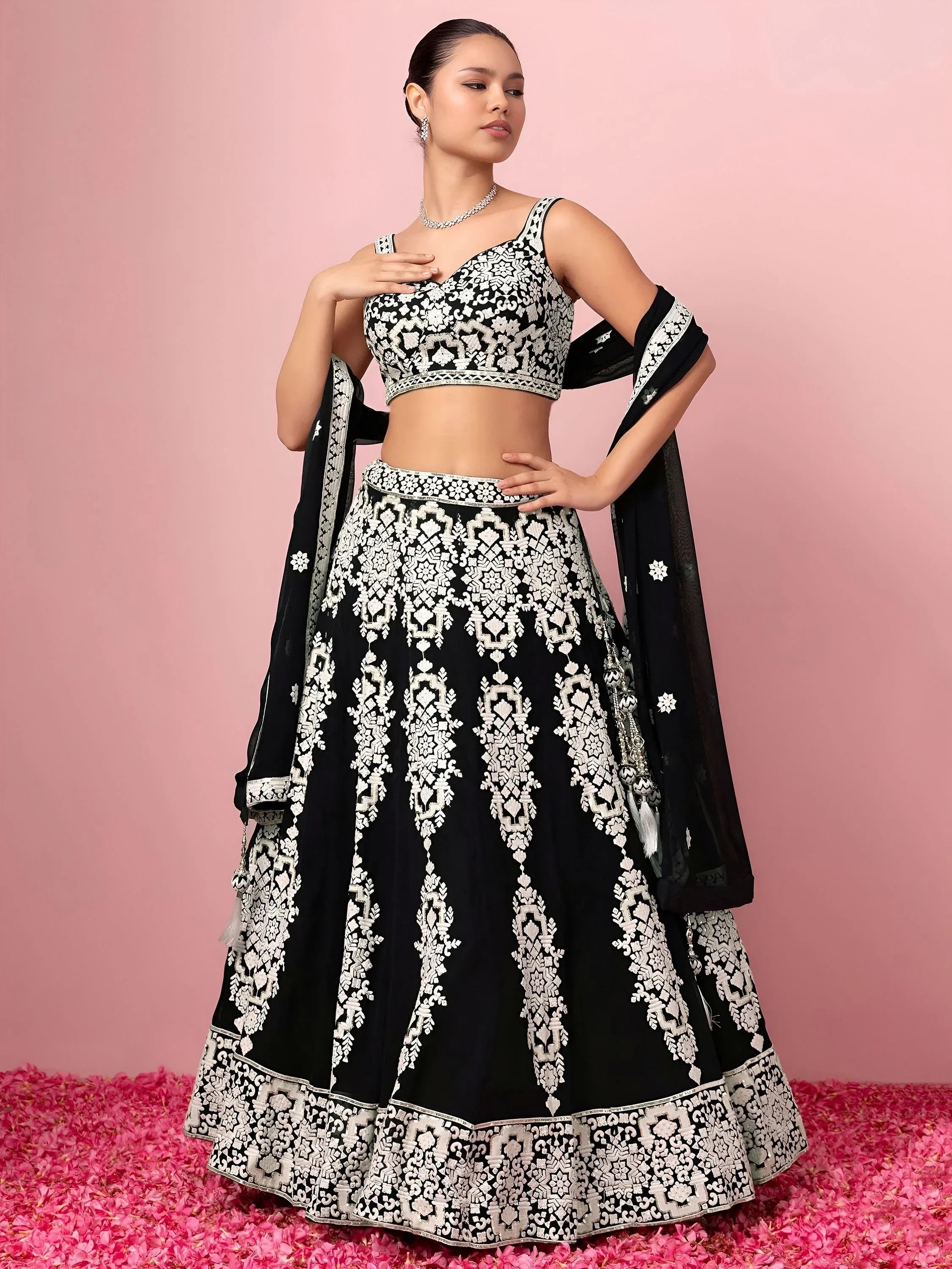 Black Captivating Thread Work Georgette Reception Wear Lehenga Choli