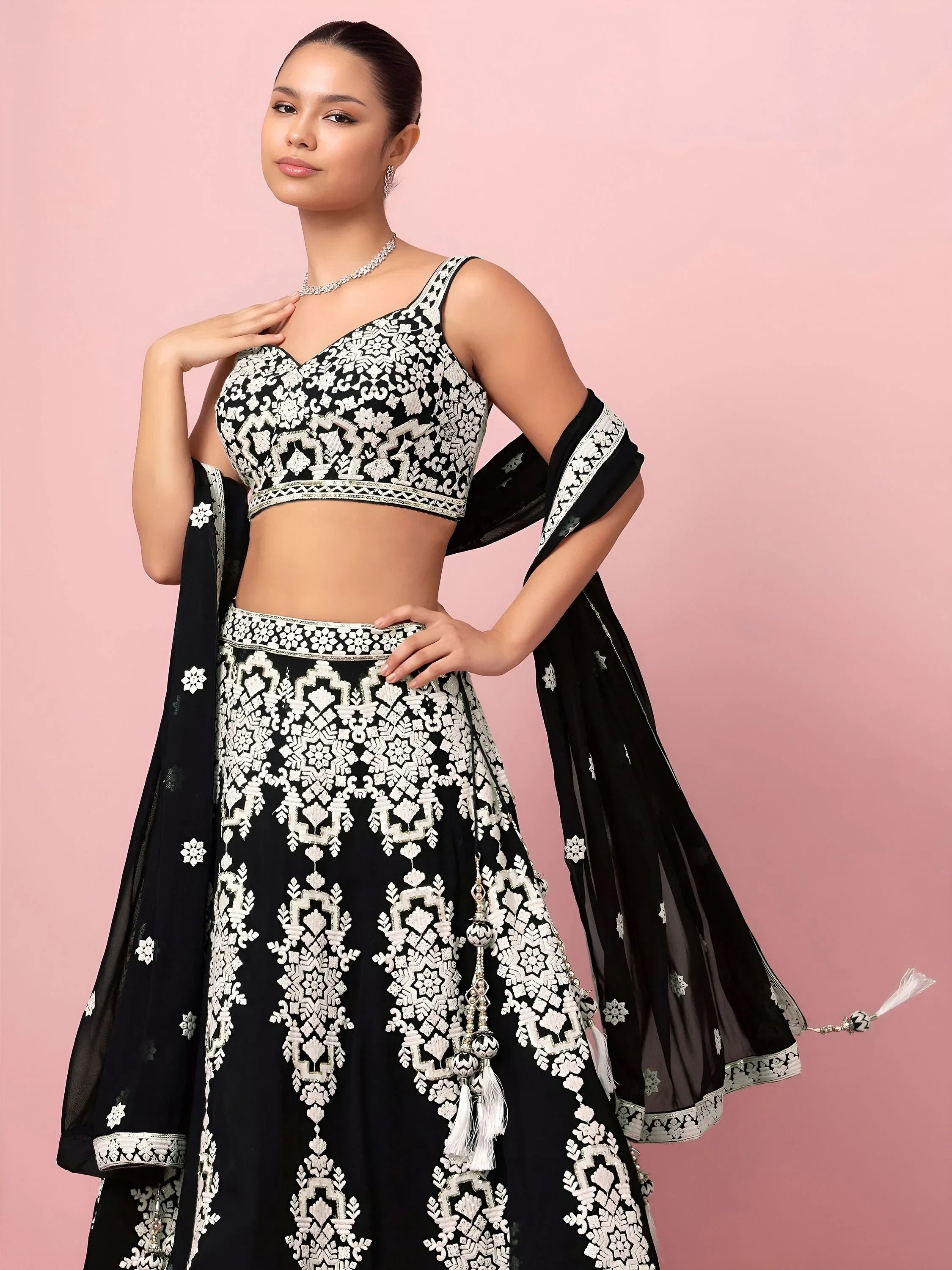 Black Captivating Thread Work Georgette Reception Wear Lehenga Choli