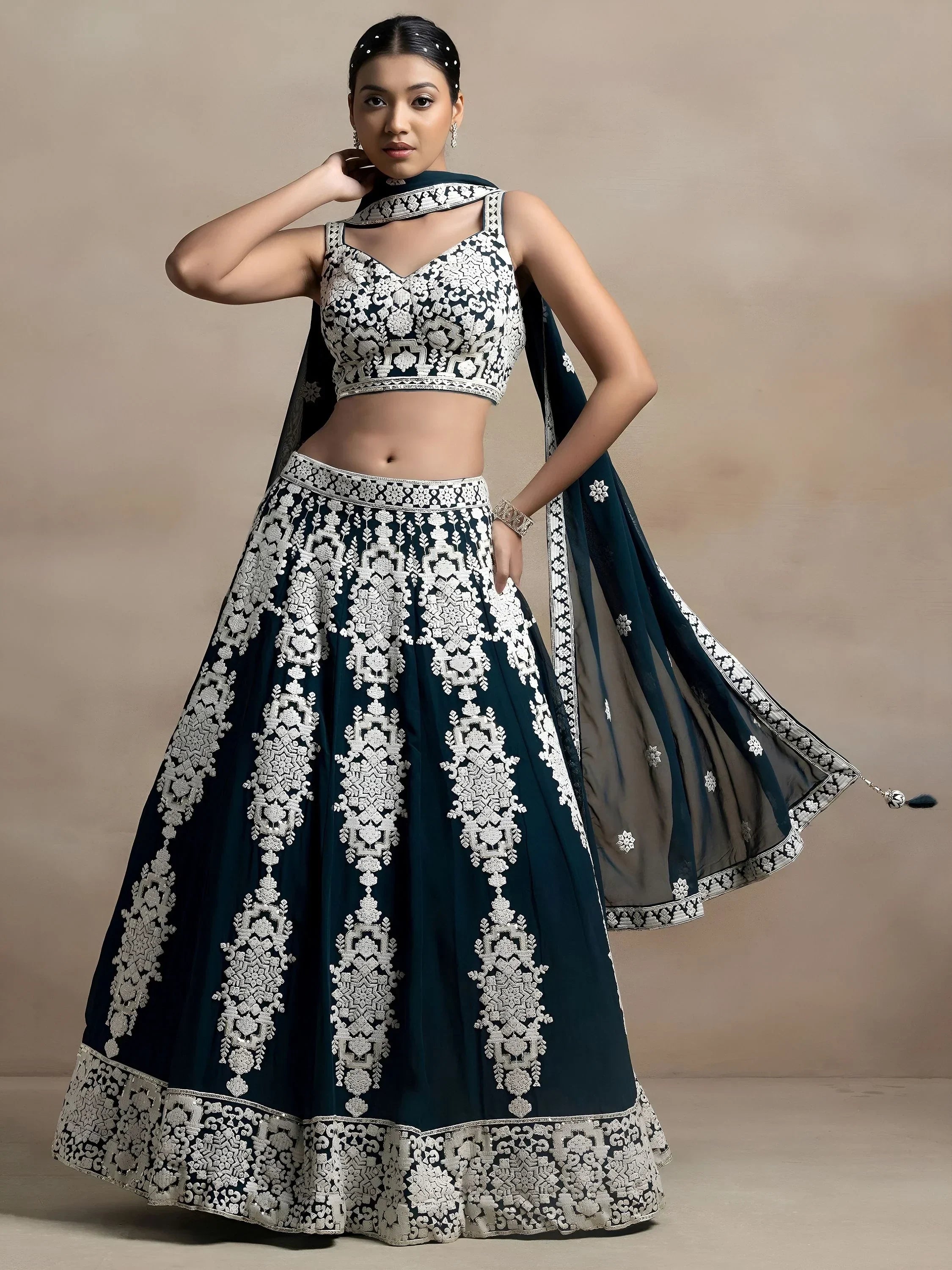 Dark Green Captivating Thread Work Georgette Reception Wear Lehenga Choli
