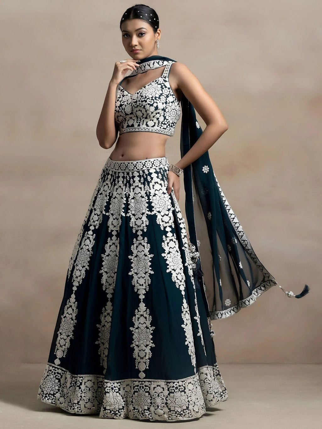 Dark Green Captivating Thread Work Georgette Reception Wear Lehenga Choli