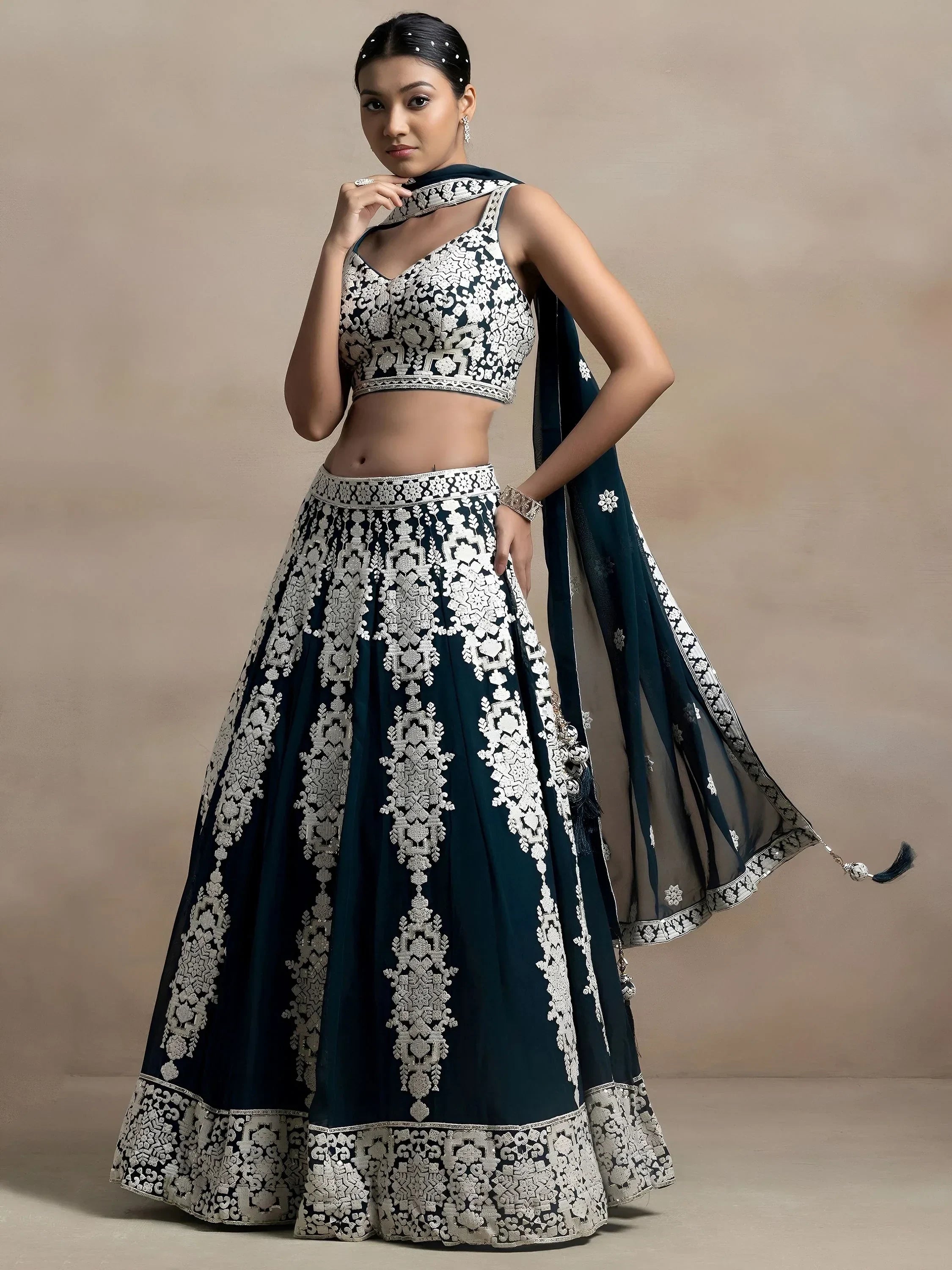 Dark Green Captivating Thread Work Georgette Reception Wear Lehenga Choli