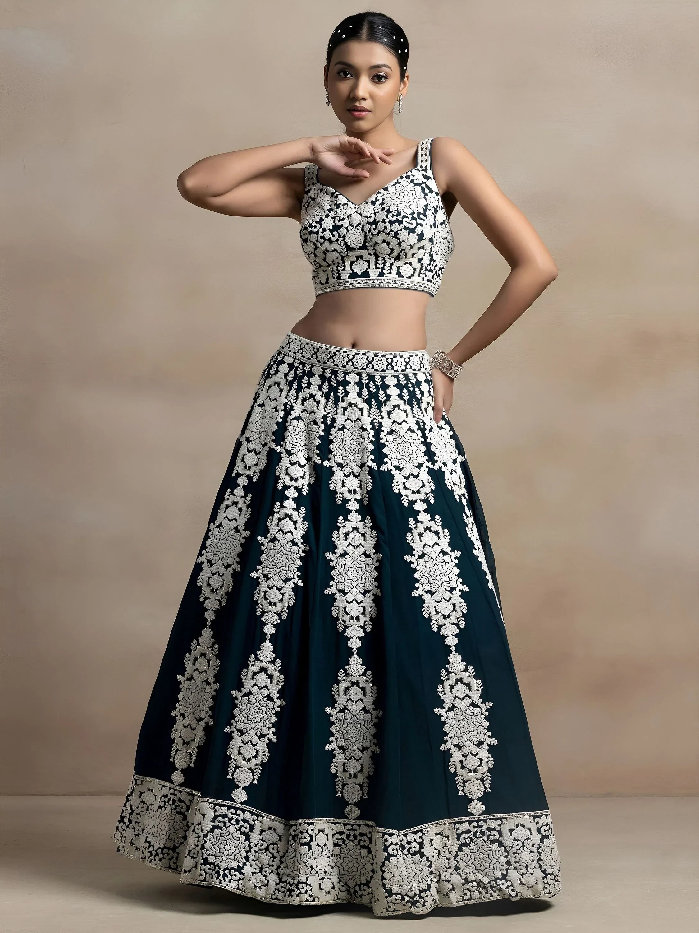 Dark Green Captivating Thread Work Georgette Reception Wear Lehenga Choli