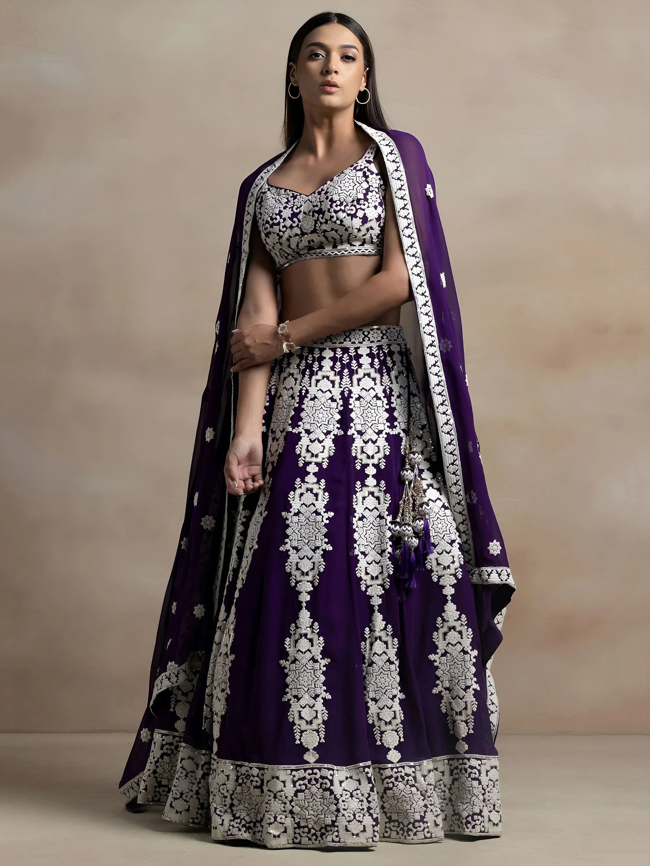 Purple Captivating Thread Work Georgette Reception Wear Lehenga Choli
