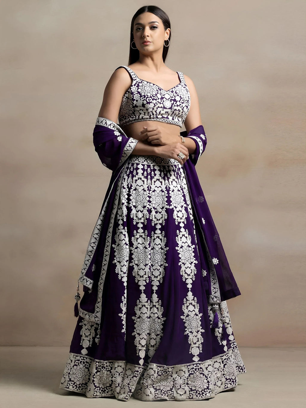 Purple Captivating Thread Work Georgette Reception Wear Lehenga Choli