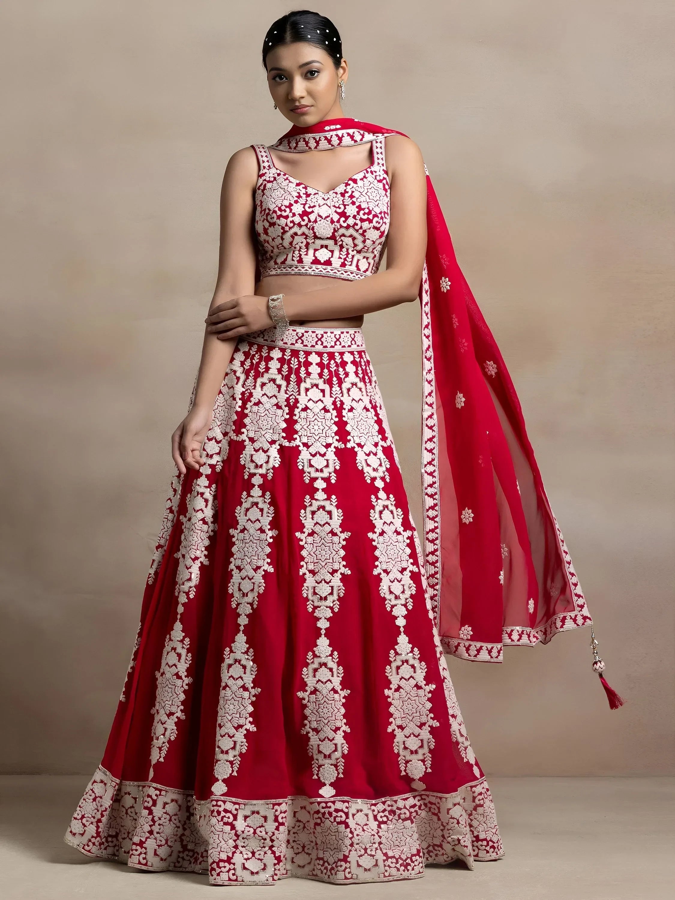 Red Captivating Thread Work Georgette Reception Wear Lehenga Choli