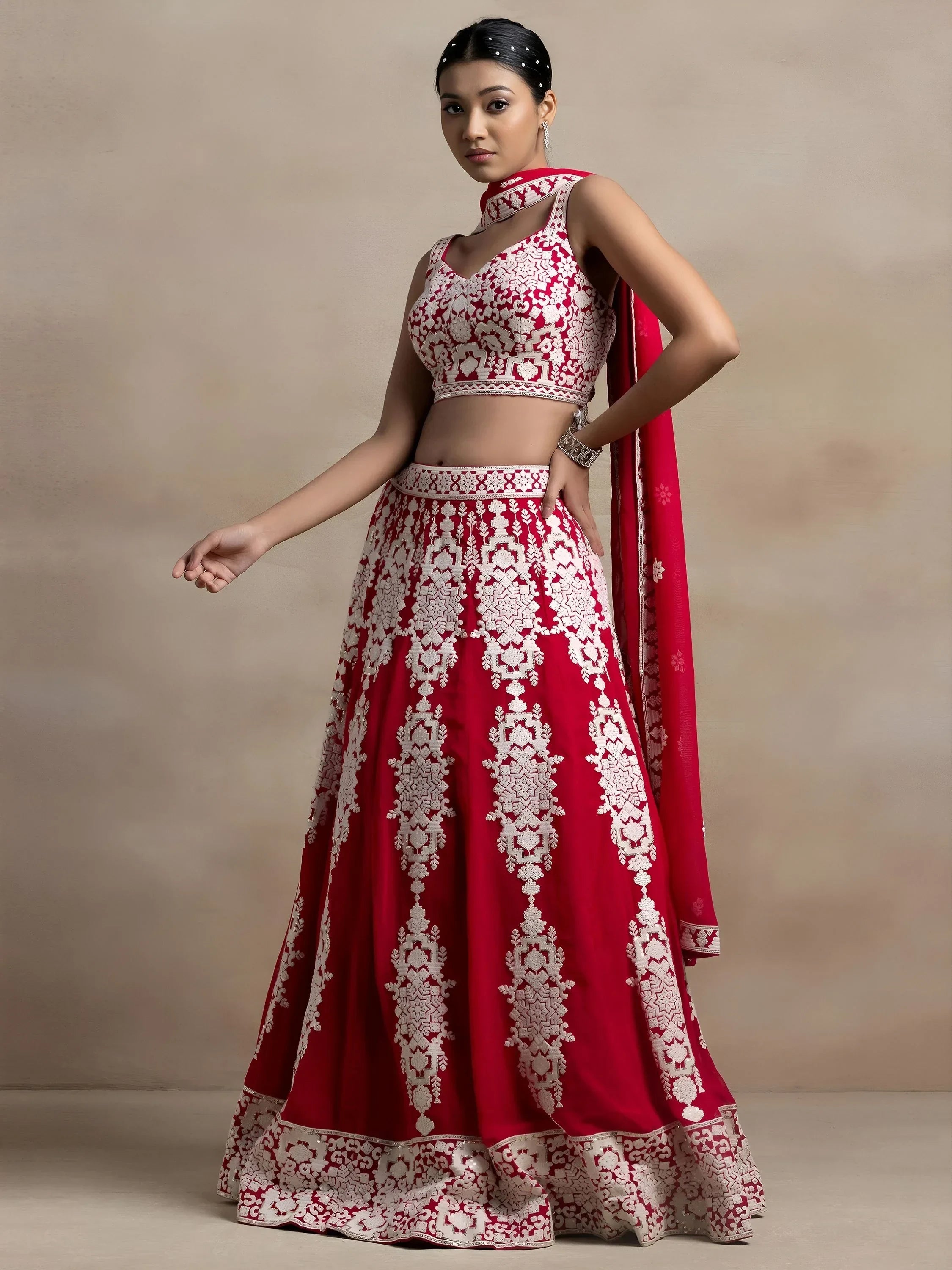 Red Captivating Thread Work Georgette Reception Wear Lehenga Choli