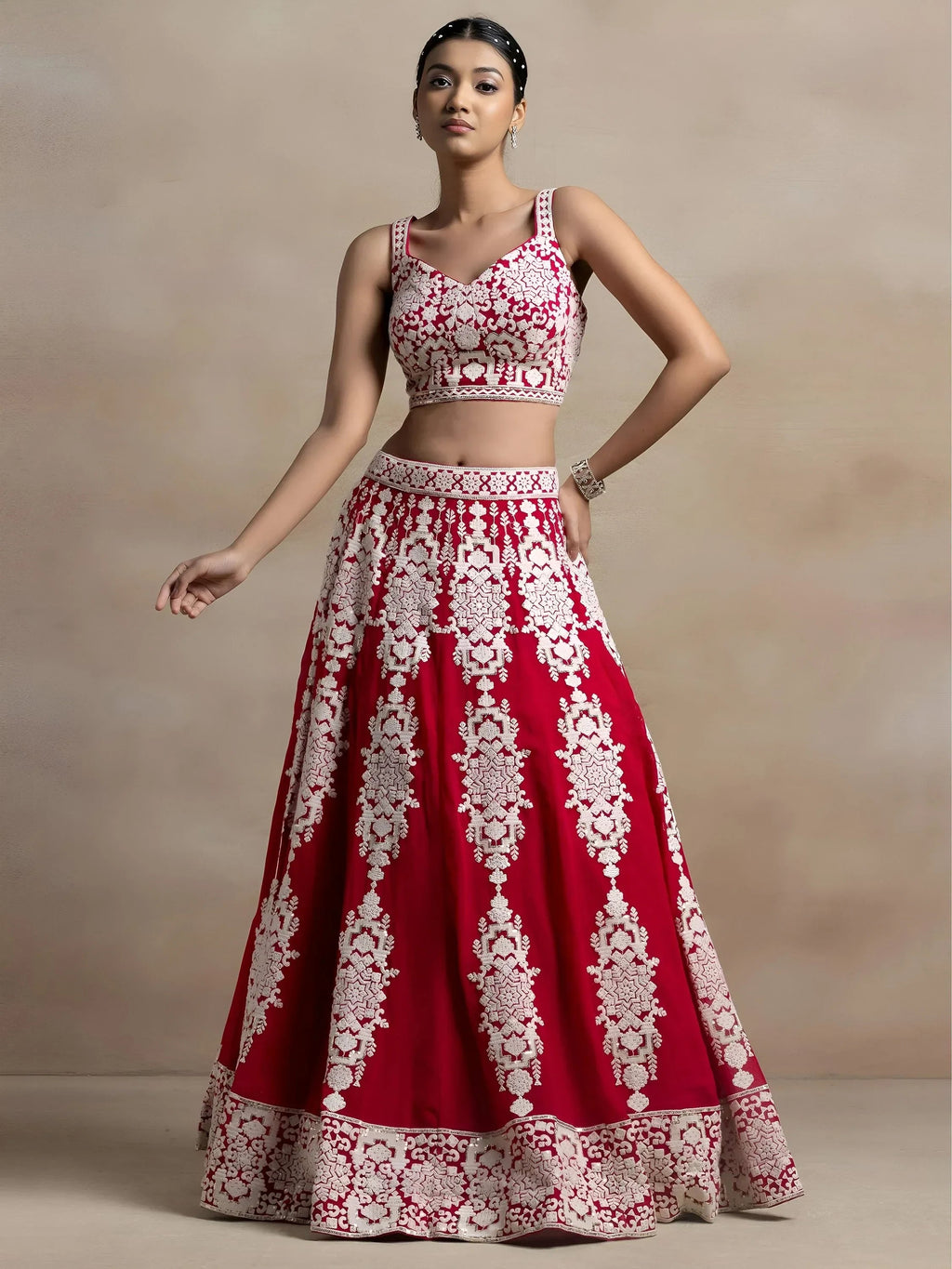 Red Captivating Thread Work Georgette Reception Wear Lehenga Choli