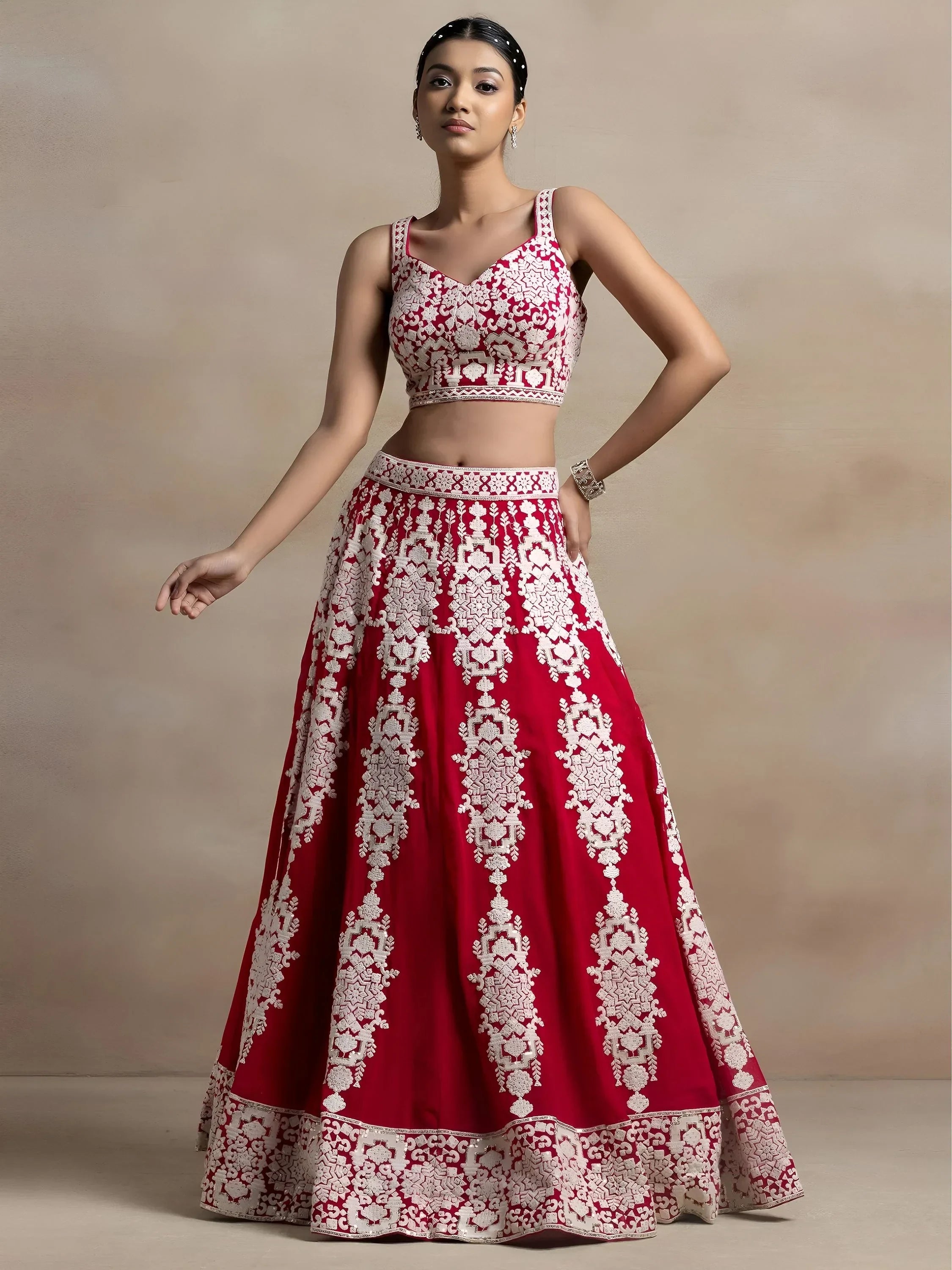 Red Captivating Thread Work Georgette Reception Wear Lehenga Choli