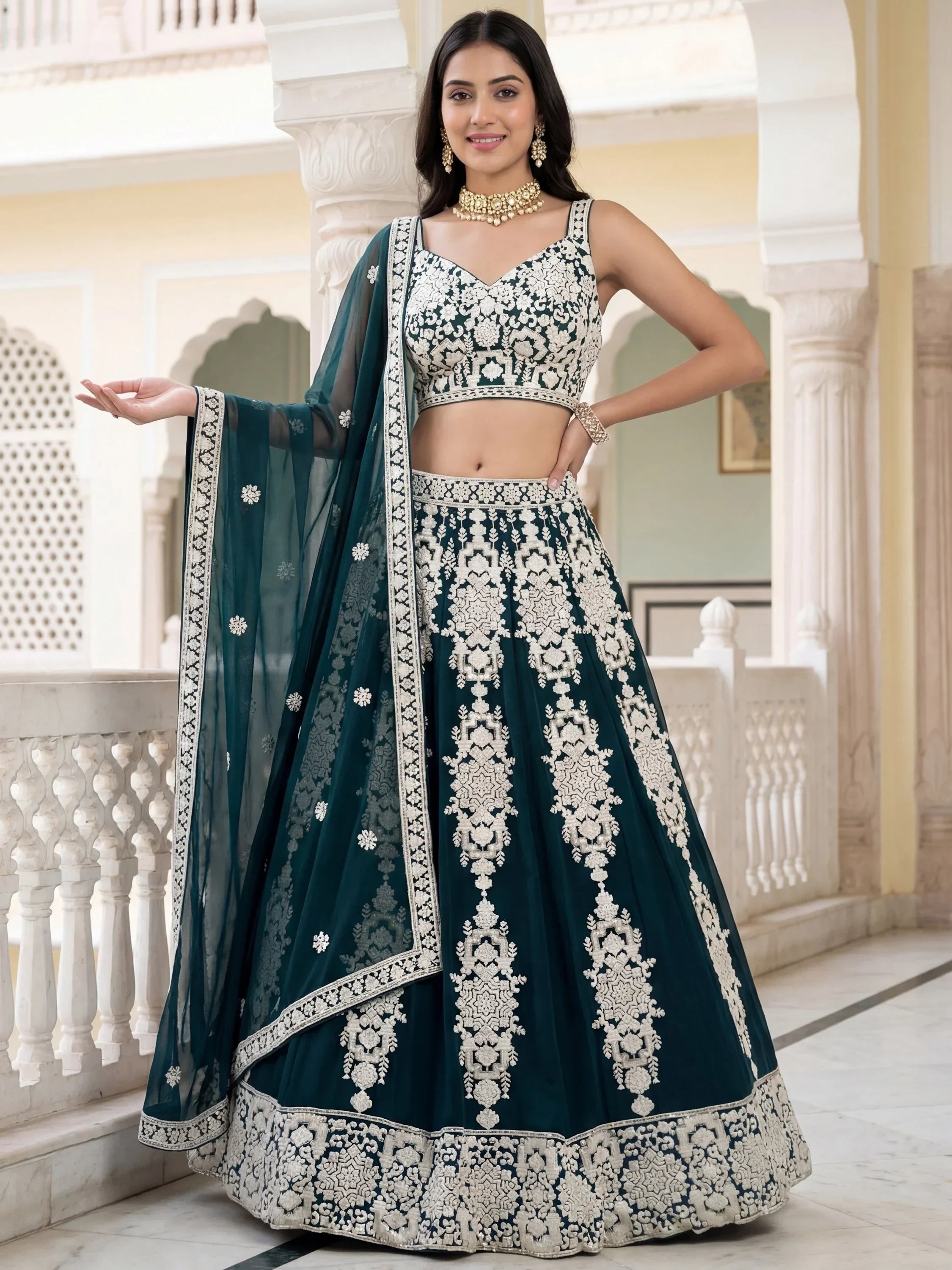 Green Captivating Thread Work Georgette Reception Wear Lehenga Choli