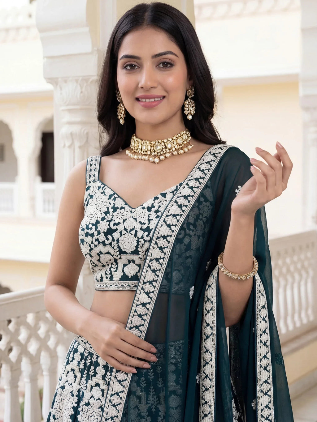 Green Captivating Thread Work Georgette Reception Wear Lehenga Choli
