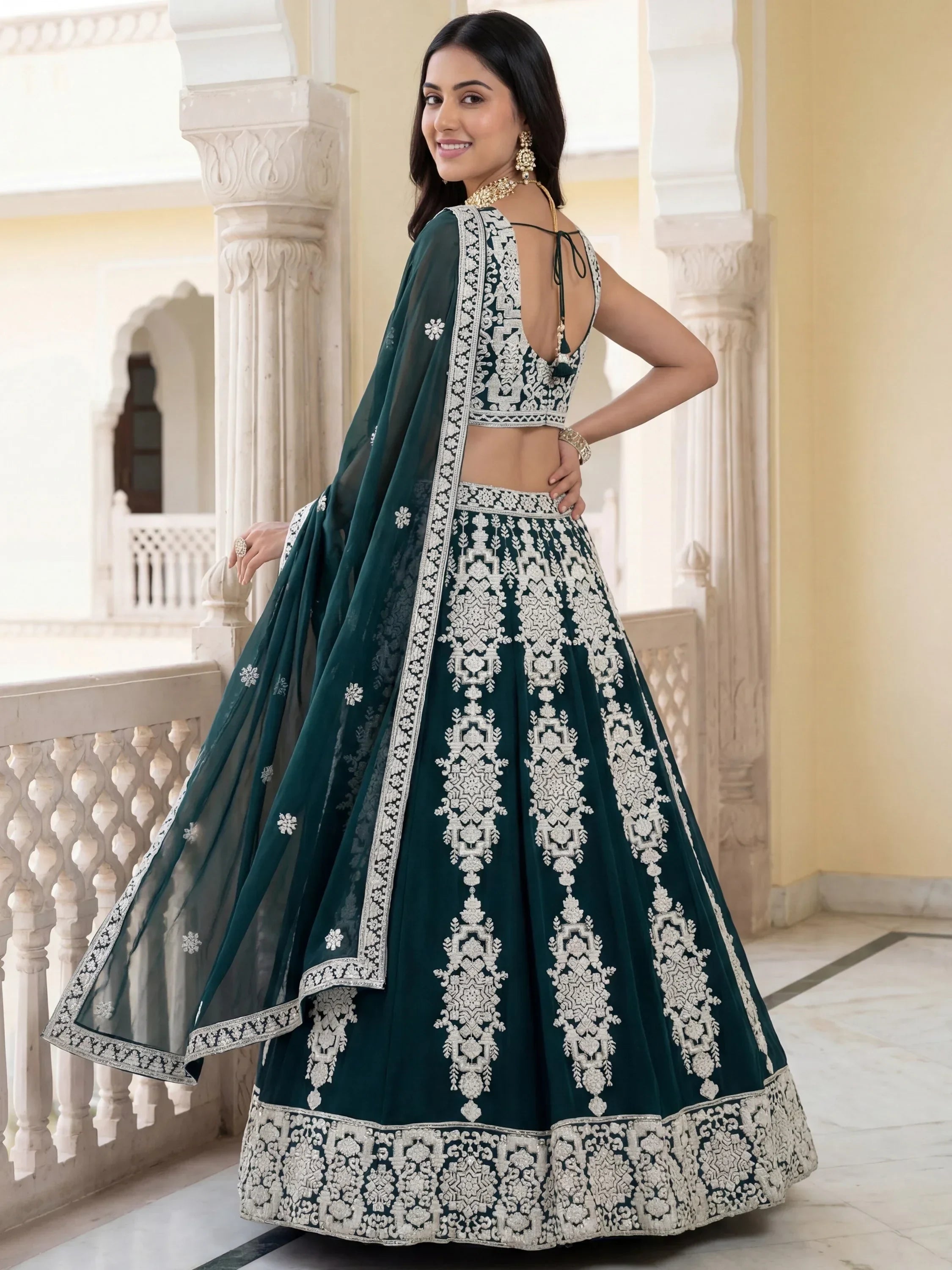 Green Captivating Thread Work Georgette Reception Wear Lehenga Choli