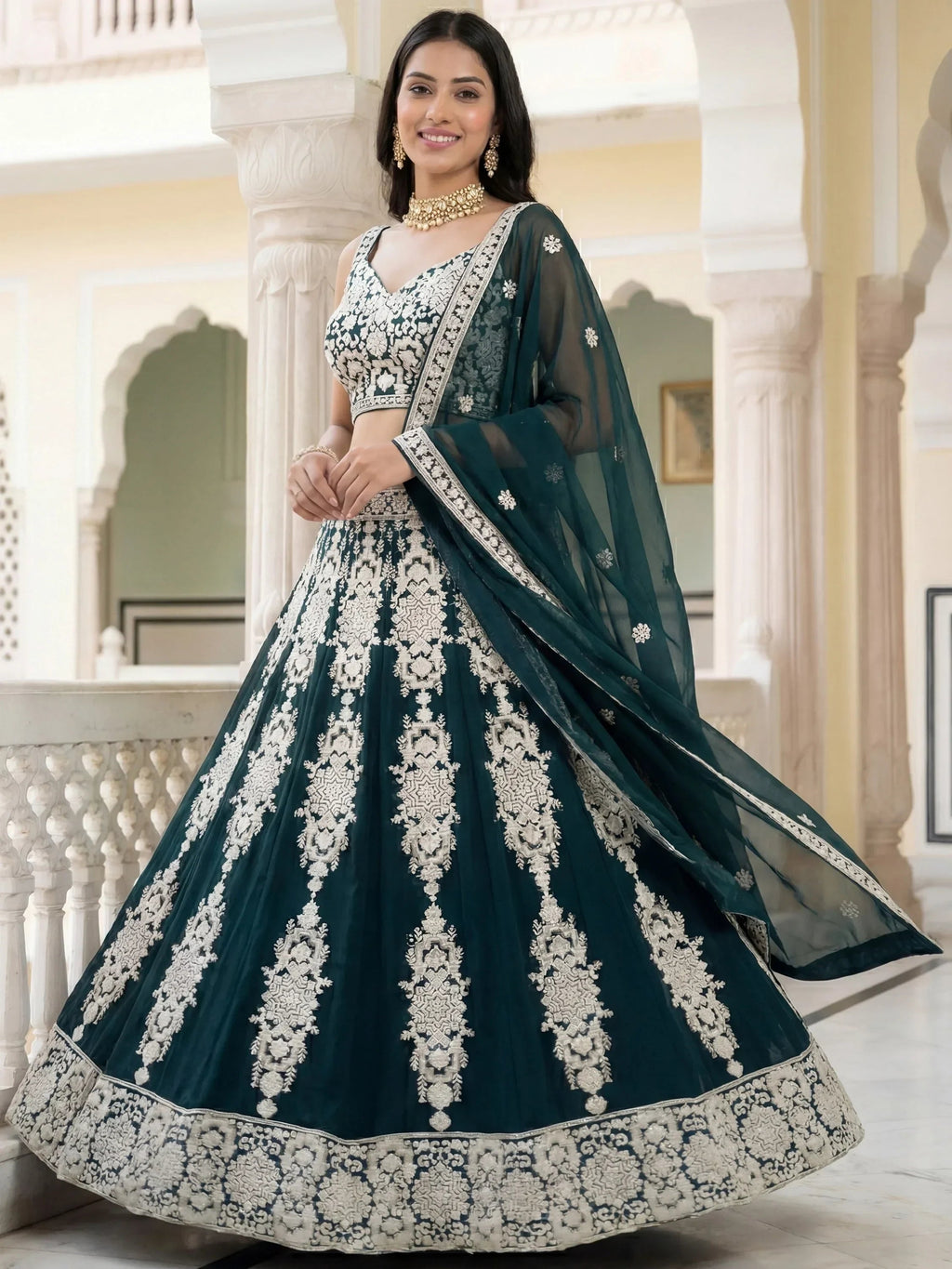 Green Captivating Thread Work Georgette Reception Wear Lehenga Choli