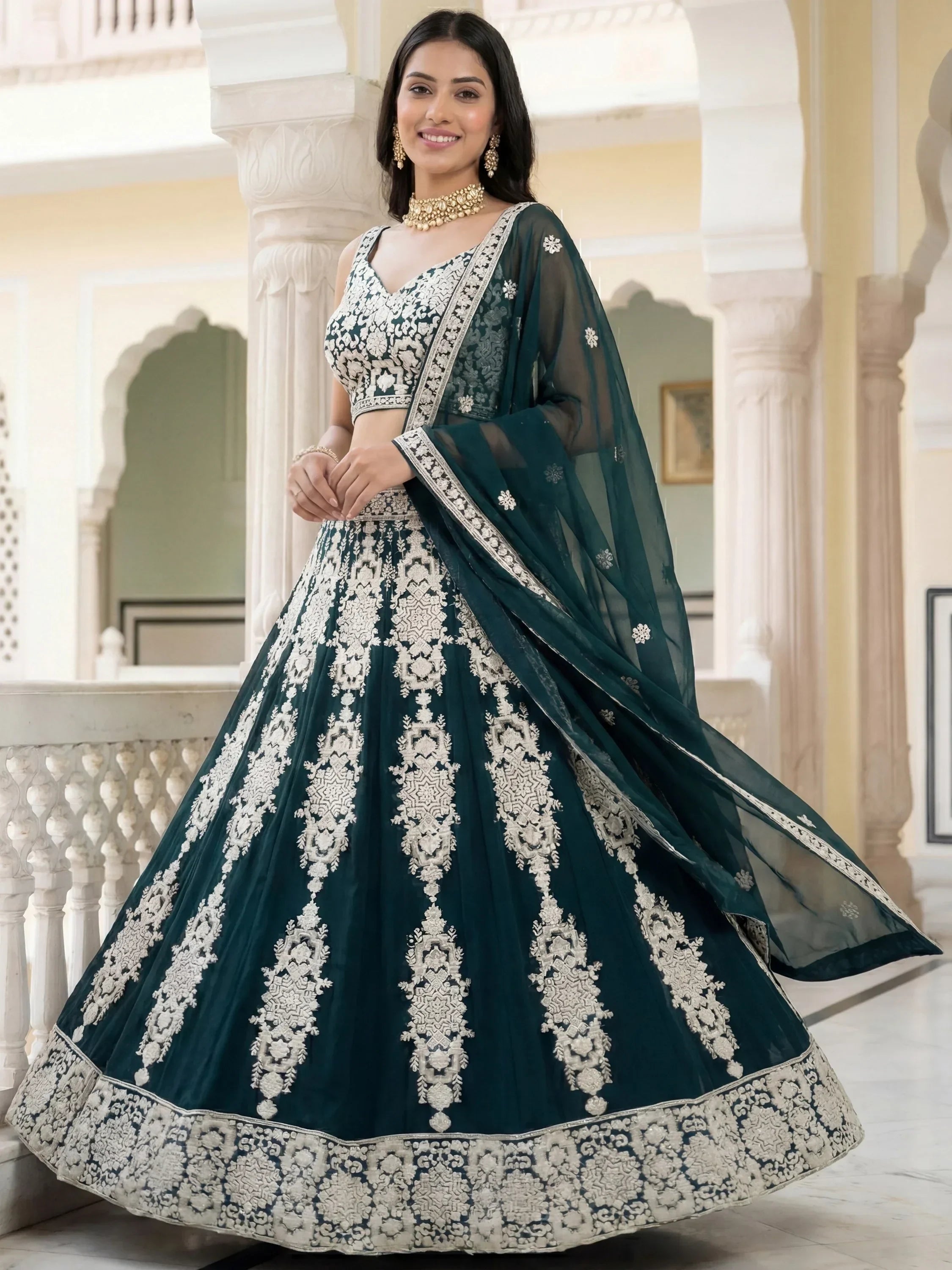 Green Captivating Thread Work Georgette Reception Wear Lehenga Choli