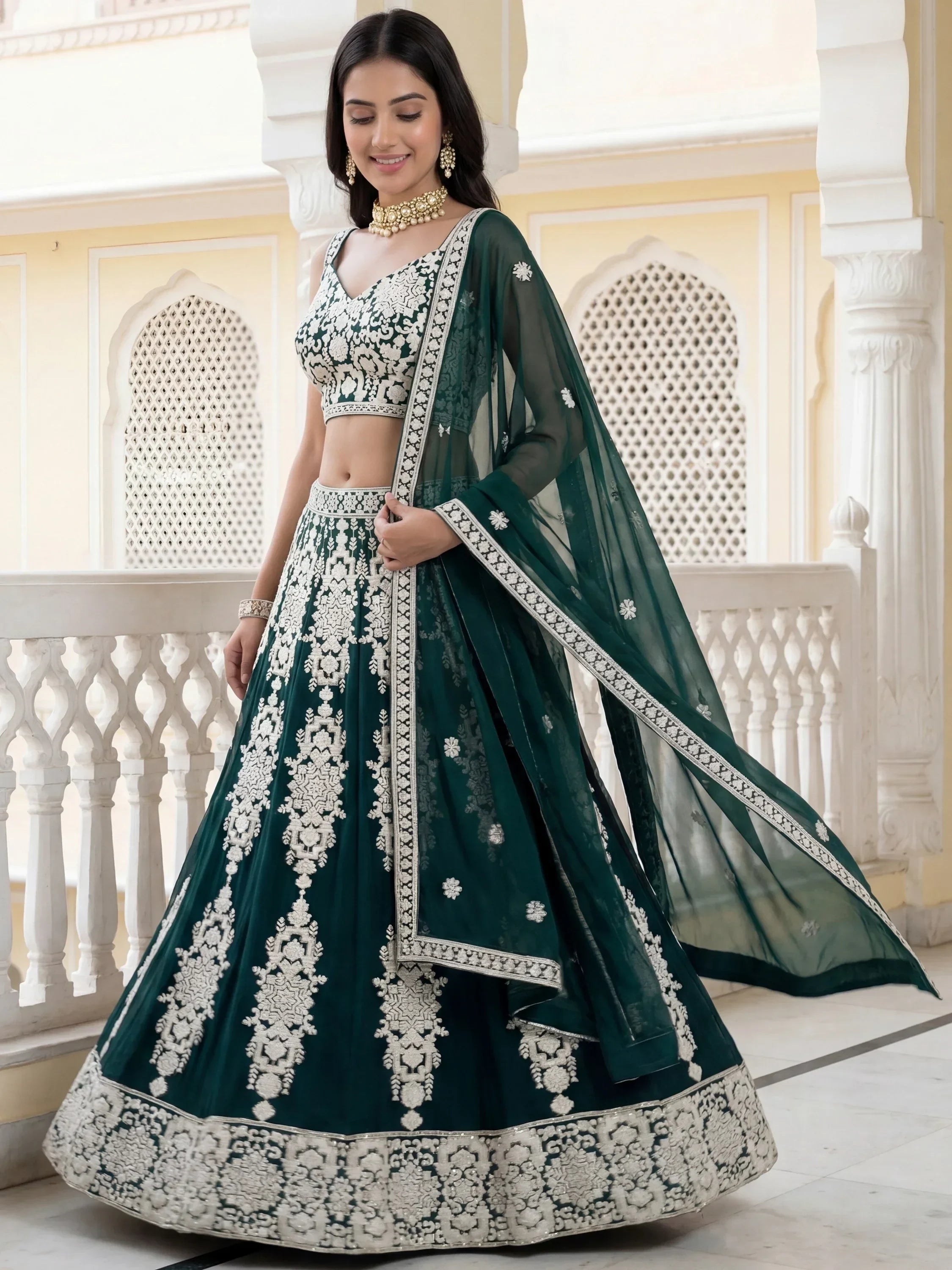 Green Captivating Thread Work Georgette Reception Wear Lehenga Choli