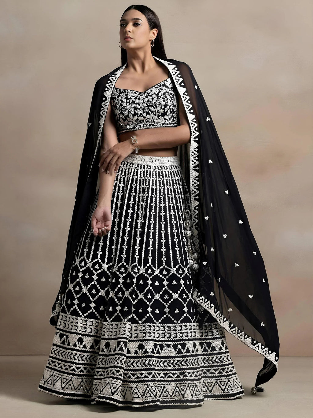 Black Awesome Thread Work Georgette Reception Wear Lehenga Choli