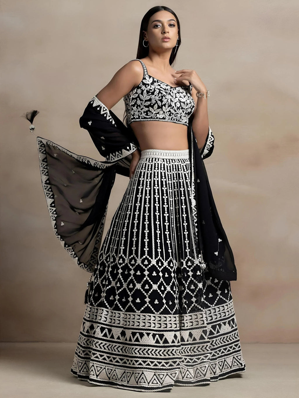 Black Awesome Thread Work Georgette Reception Wear Lehenga Choli