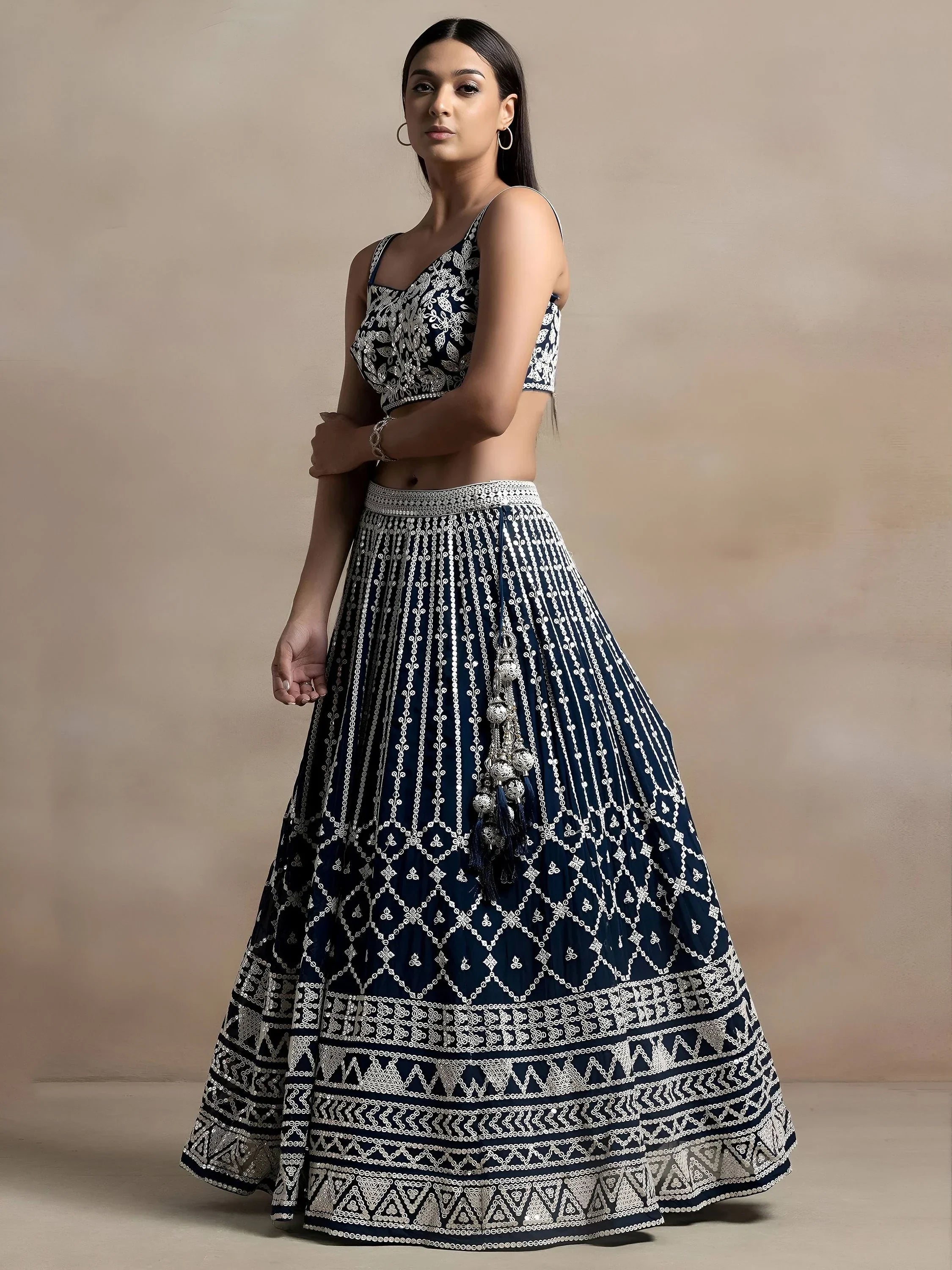 Navy Awesome Thread Work Georgette Reception Wear Lehenga Choli