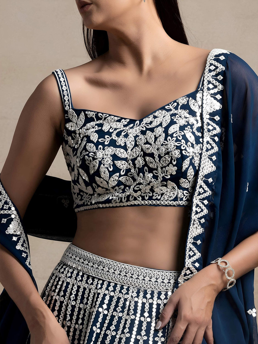 Navy Awesome Thread Work Georgette Reception Wear Lehenga Choli