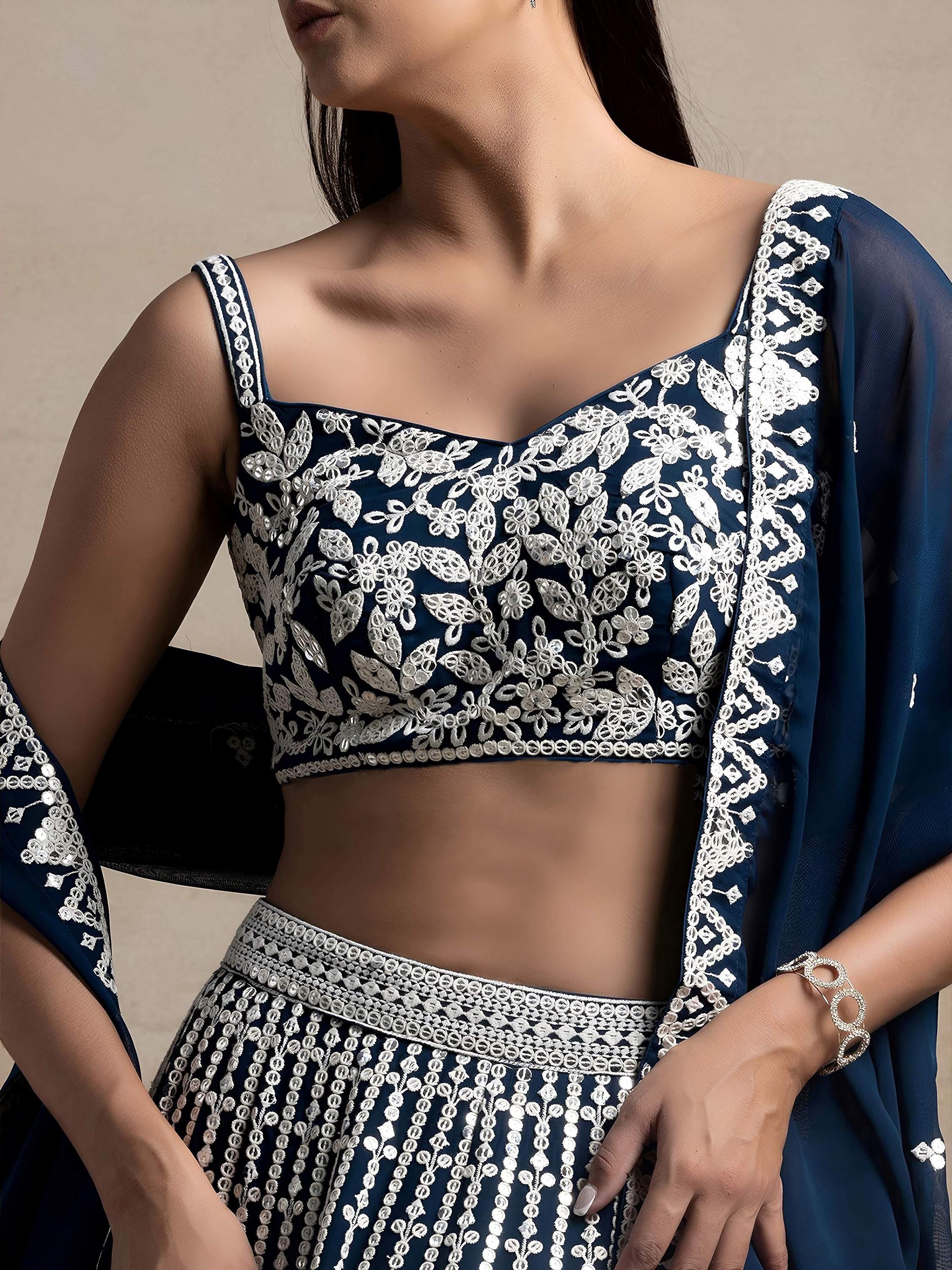 Navy Awesome Thread Work Georgette Reception Wear Lehenga Choli