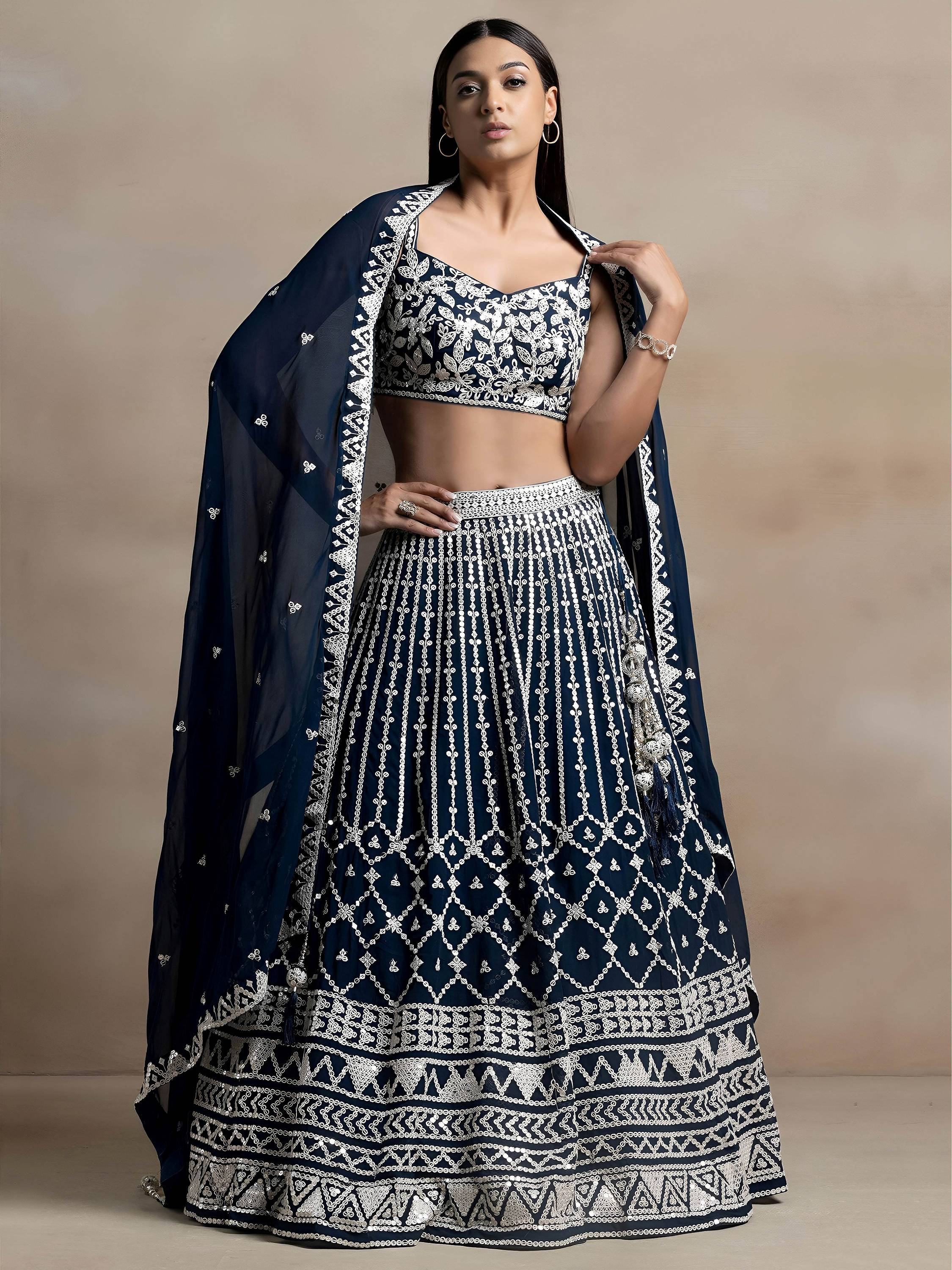 Navy Awesome Thread Work Georgette Reception Wear Lehenga Choli
