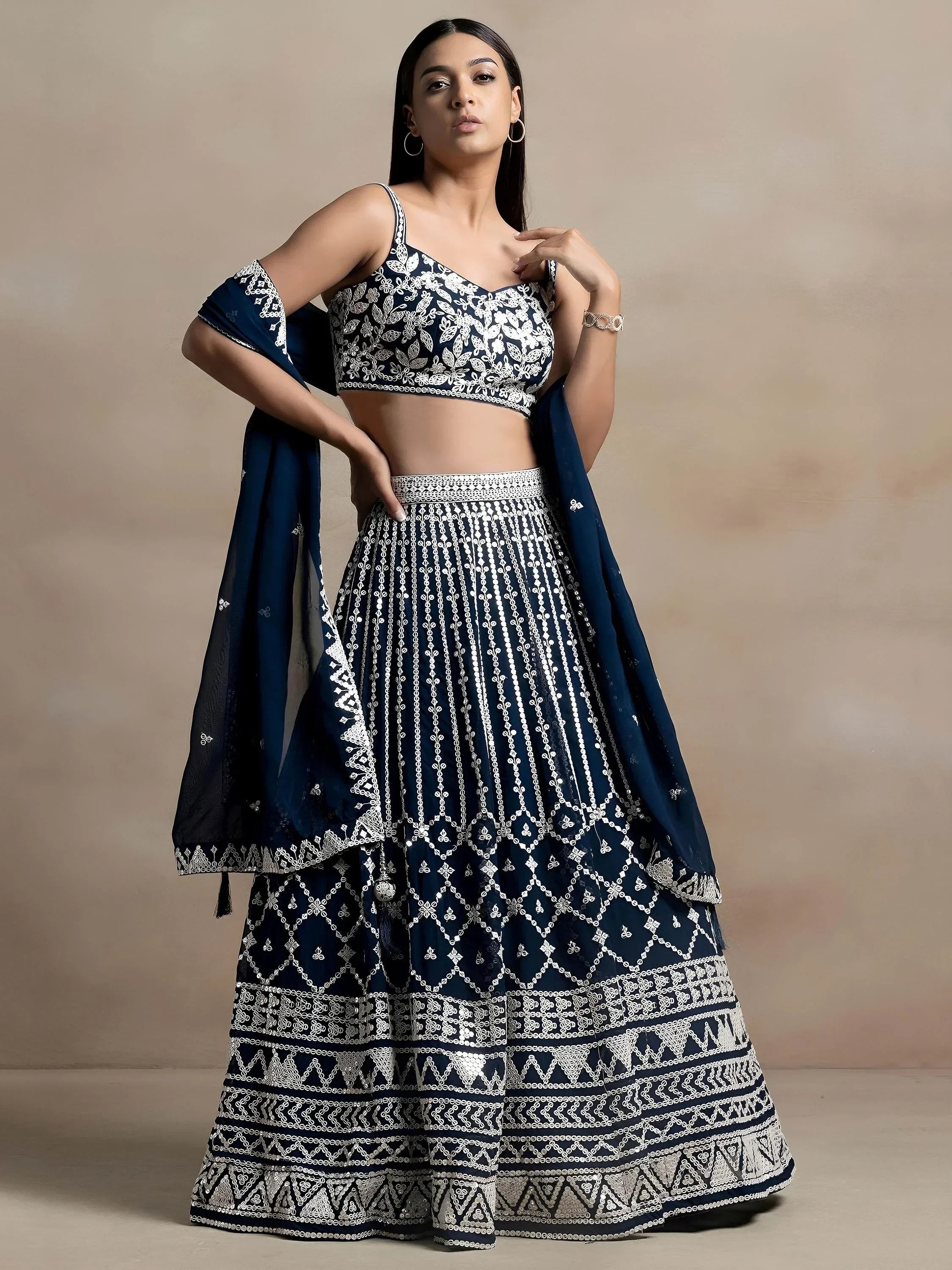 Navy Awesome Thread Work Georgette Reception Wear Lehenga Choli