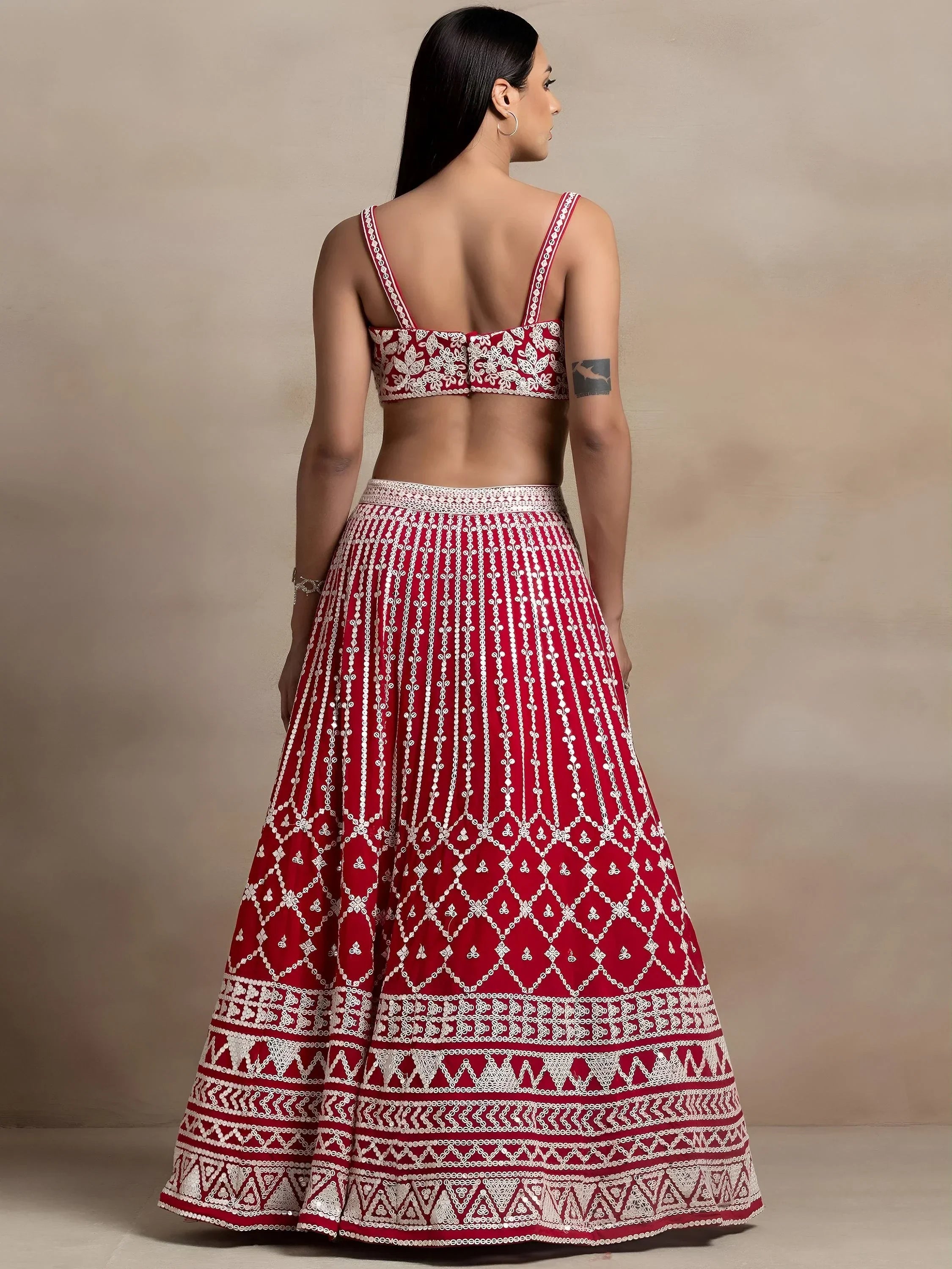 Red Awesome Thread Work Georgette Reception Wear Lehenga Choli