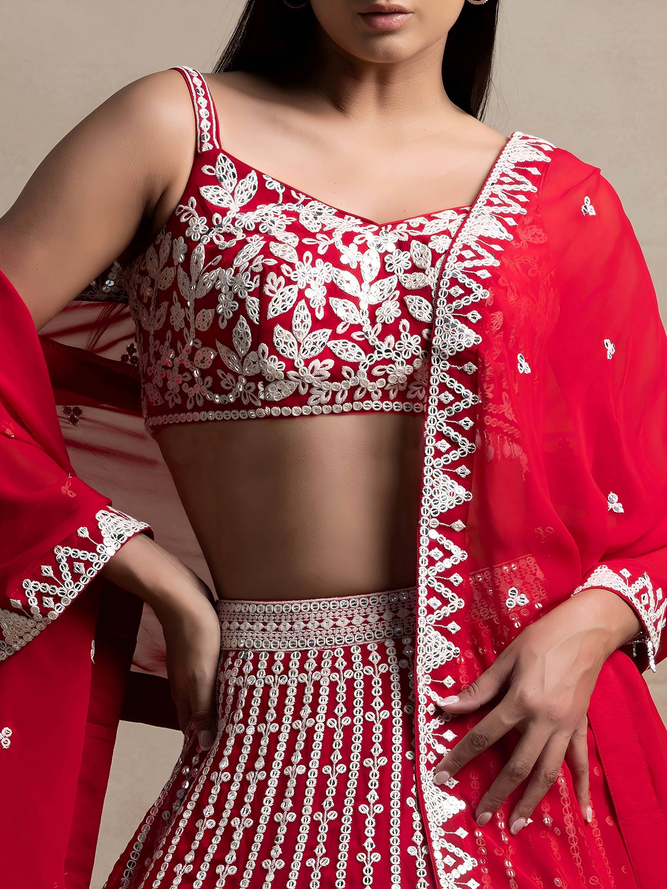 Red Awesome Thread Work Georgette Reception Wear Lehenga Choli