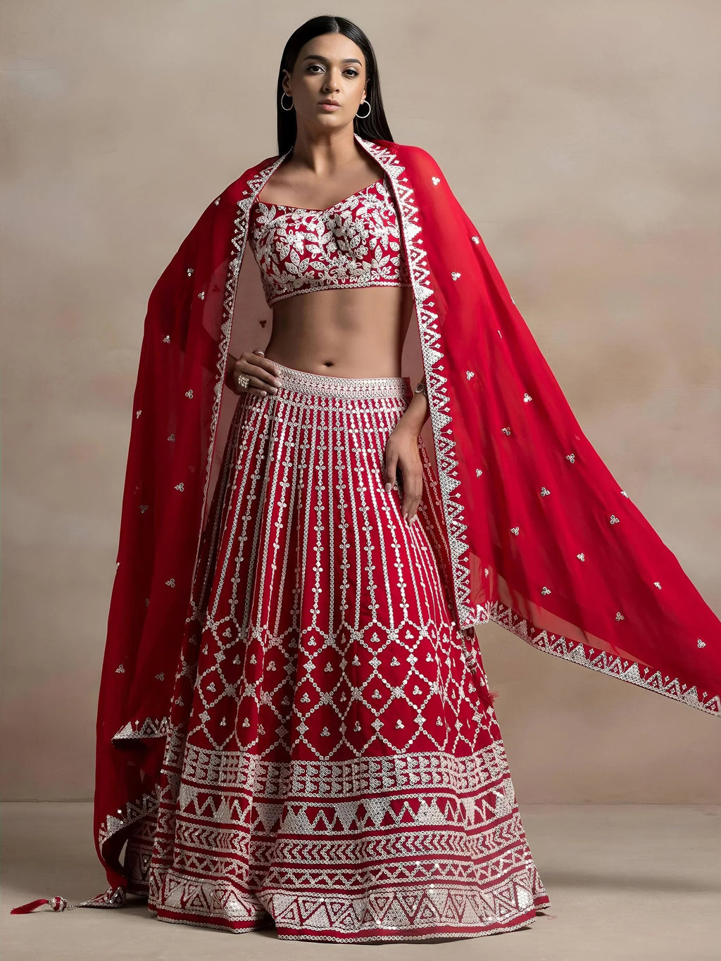 Red Awesome Thread Work Georgette Reception Wear Lehenga Choli