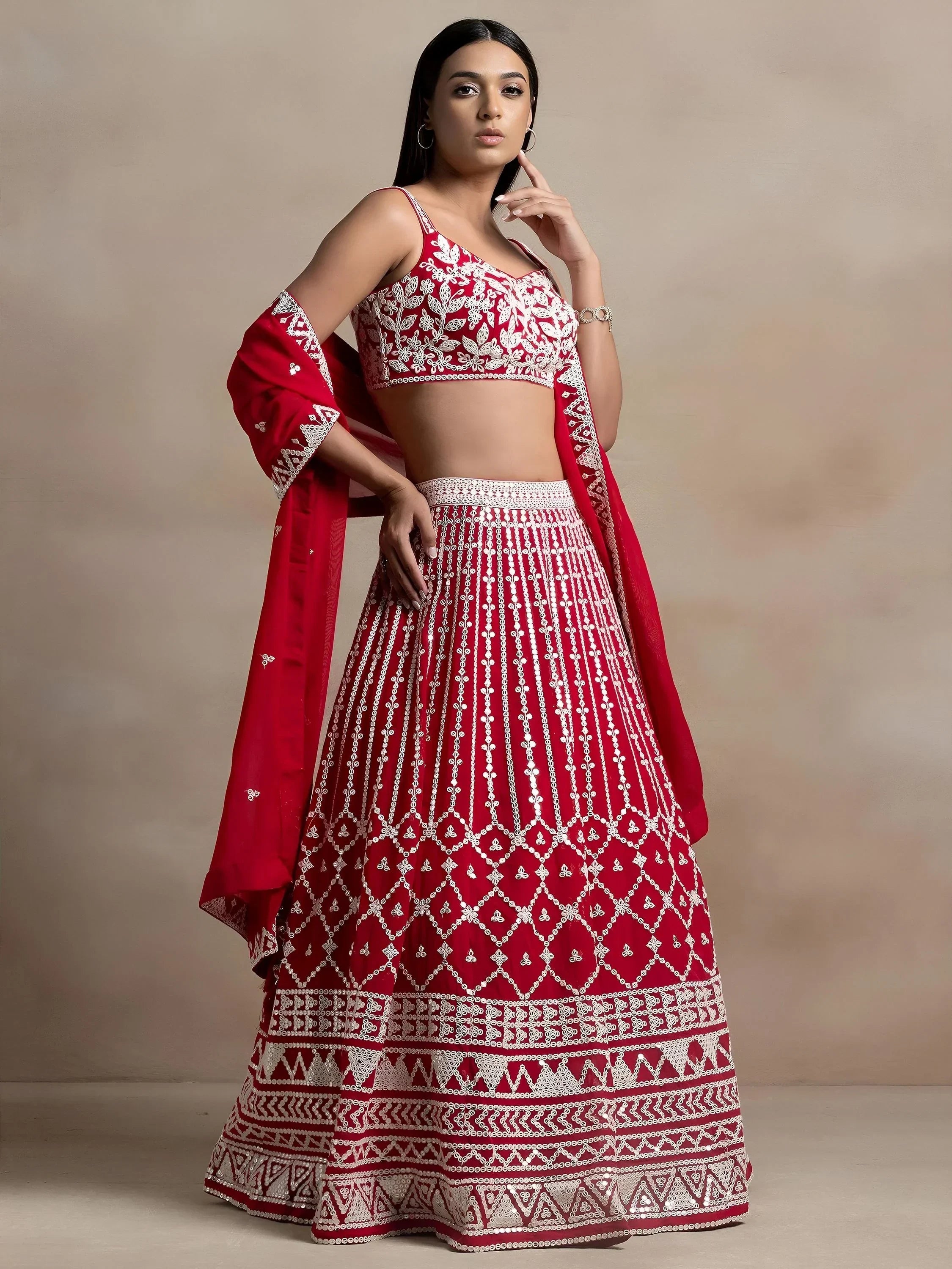 Red Awesome Thread Work Georgette Reception Wear Lehenga Choli