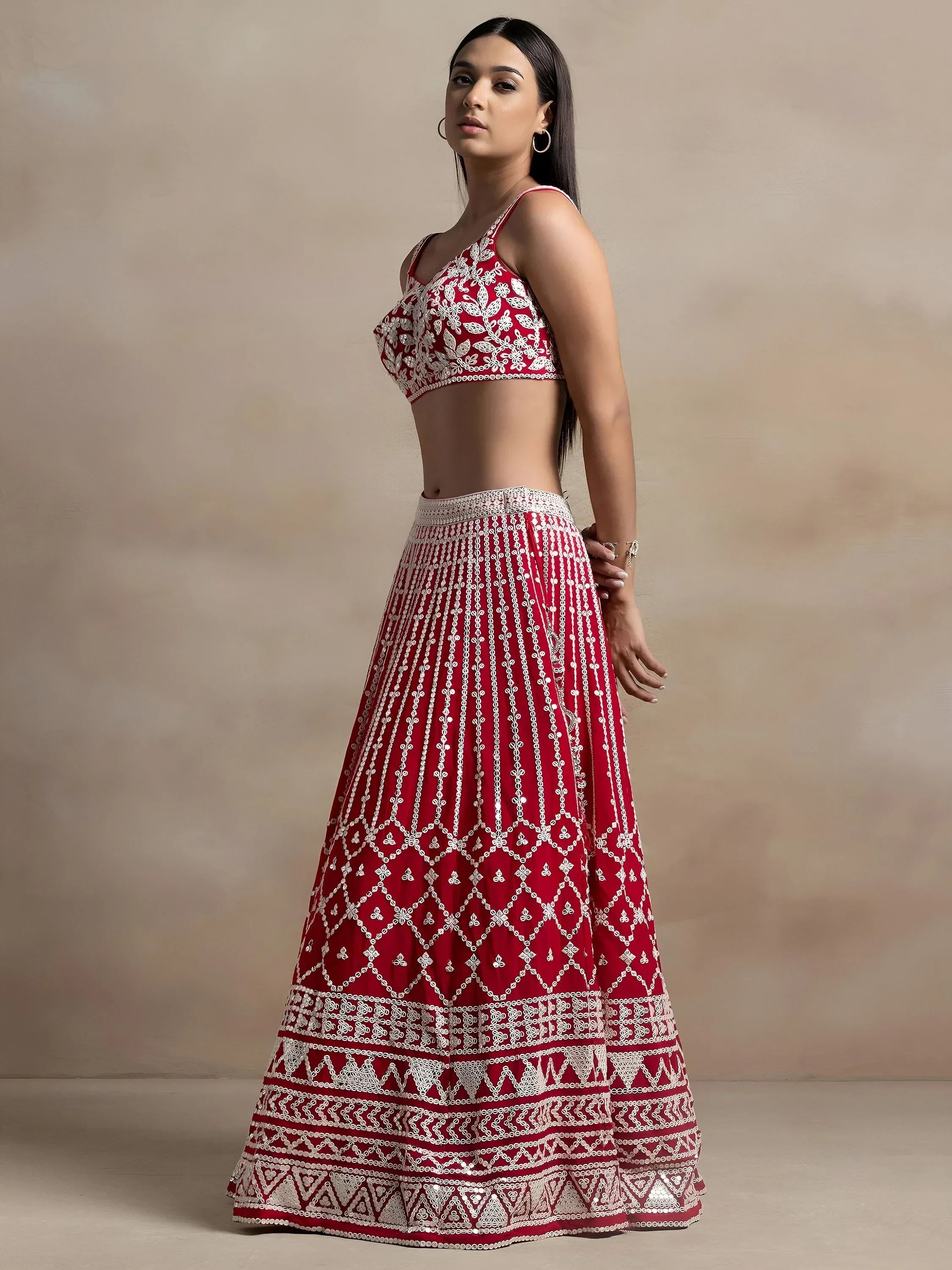 Red Awesome Thread Work Georgette Reception Wear Lehenga Choli