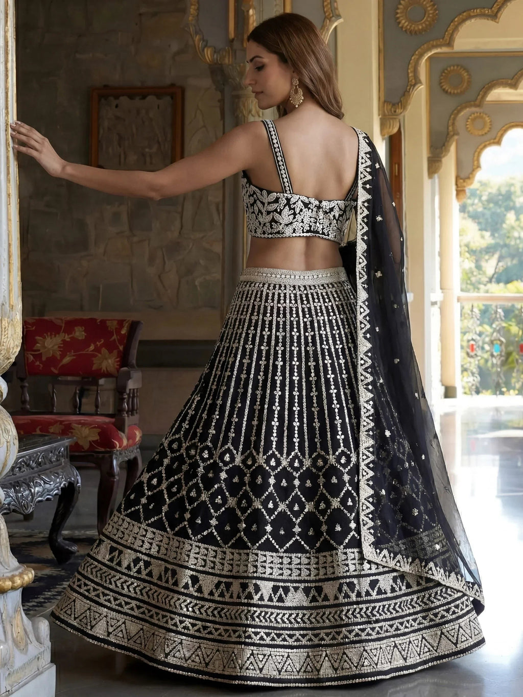 Classic Black Sequins Embroidered Georgette Wedding Wear Lehenga Choli