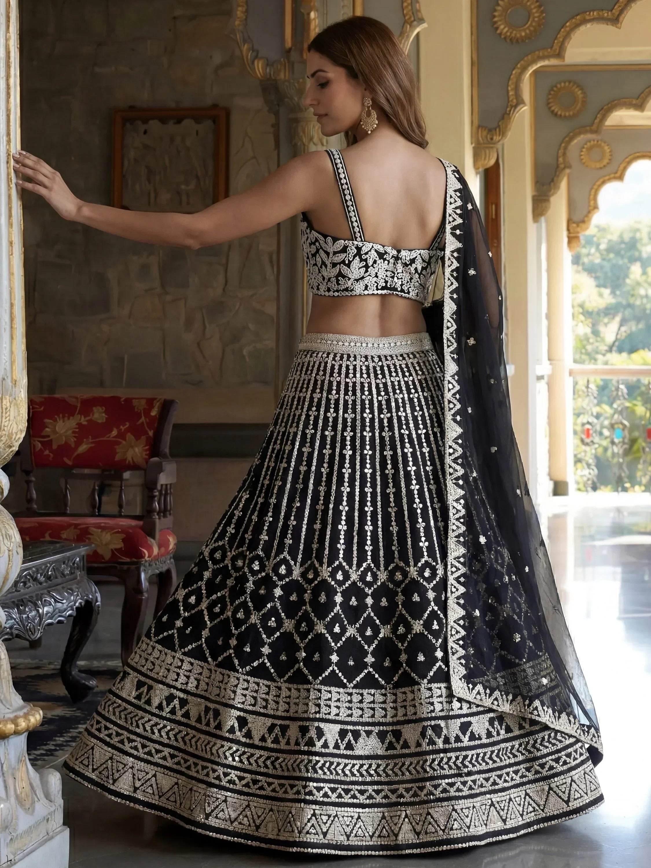 Classic Black Sequins Embroidered Georgette Wedding Wear Lehenga Choli
