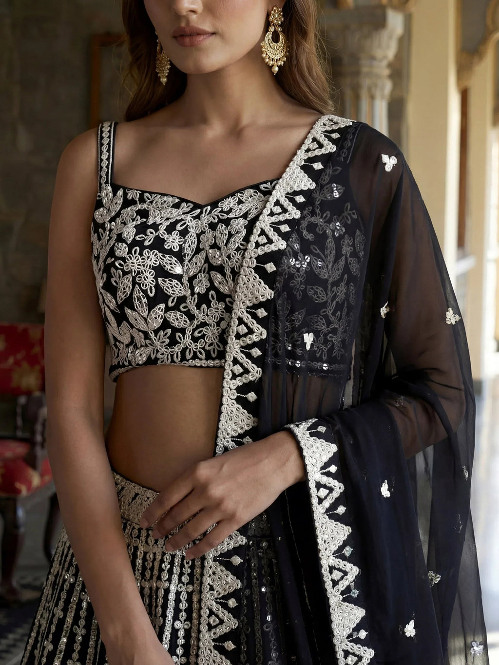 Classic Black Sequins Embroidered Georgette Wedding Wear Lehenga Choli