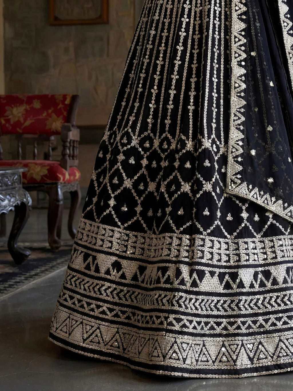 Classic Black Sequins Embroidered Georgette Wedding Wear Lehenga Choli