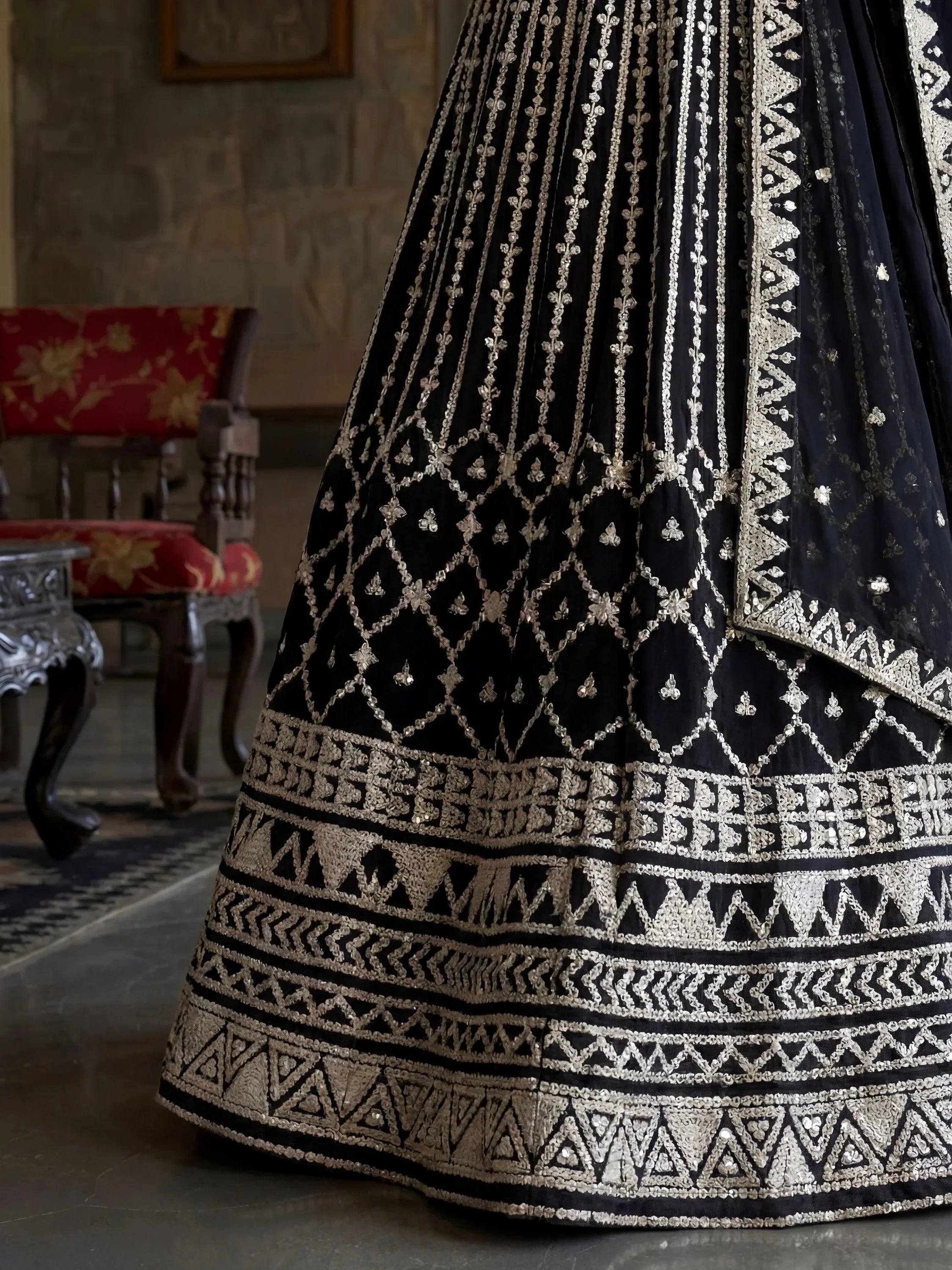 Classic Black Sequins Embroidered Georgette Wedding Wear Lehenga Choli