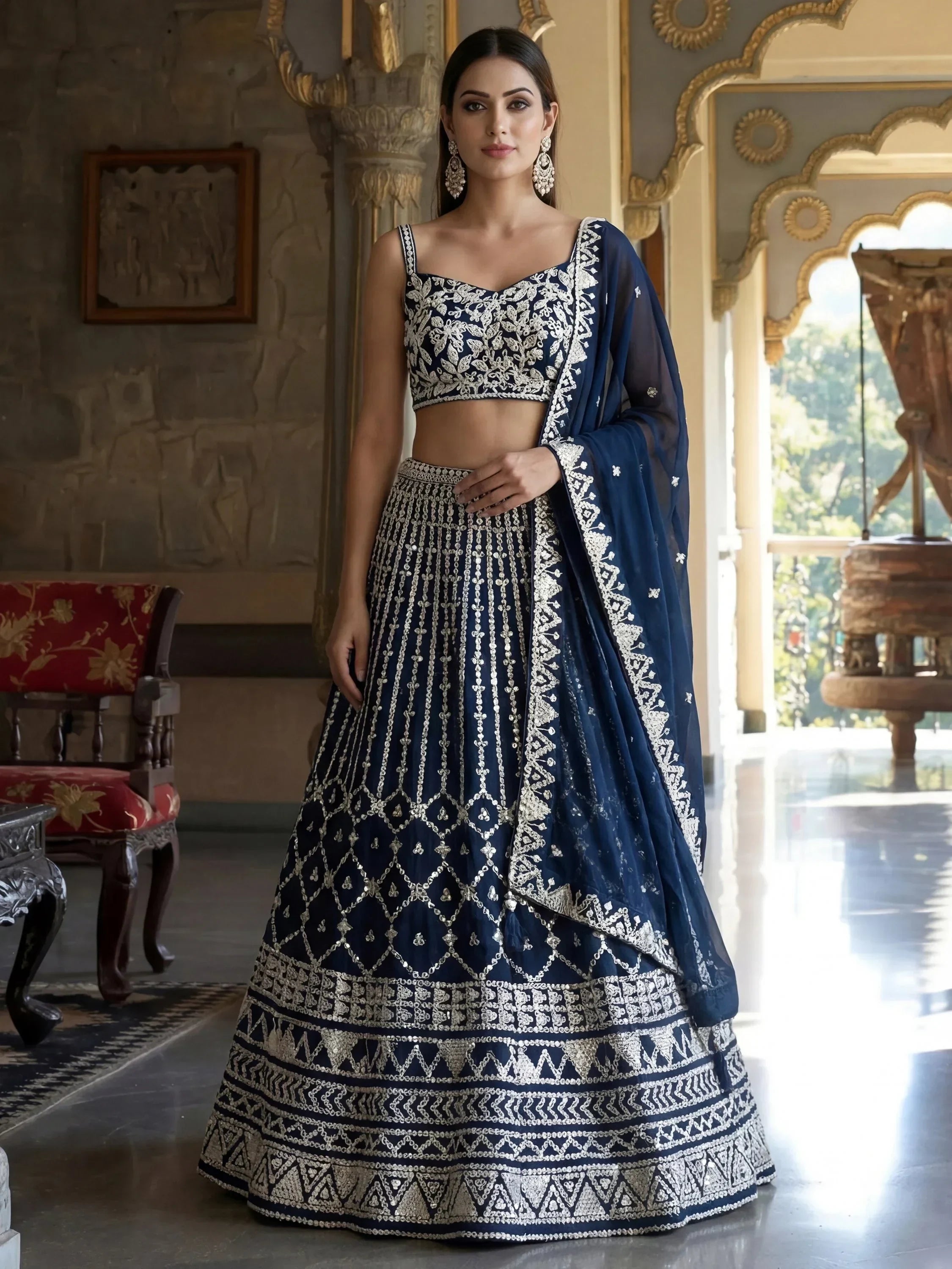 Blue Awesome Thread Work Georgette Reception Wear Lehenga Choli