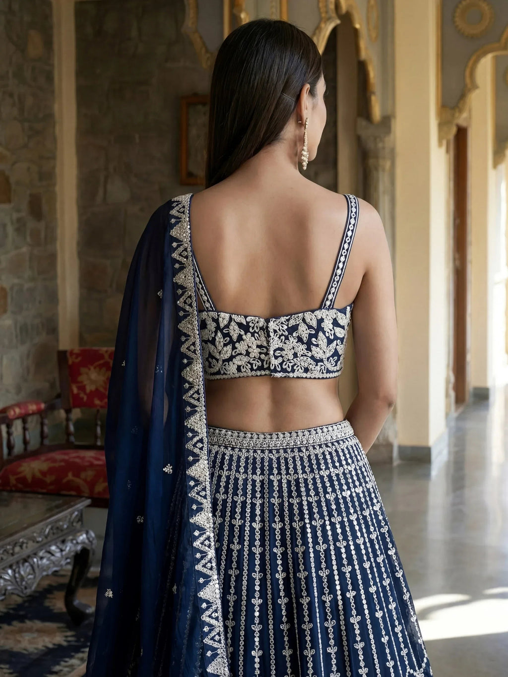 Blue Awesome Thread Work Georgette Reception Wear Lehenga Choli