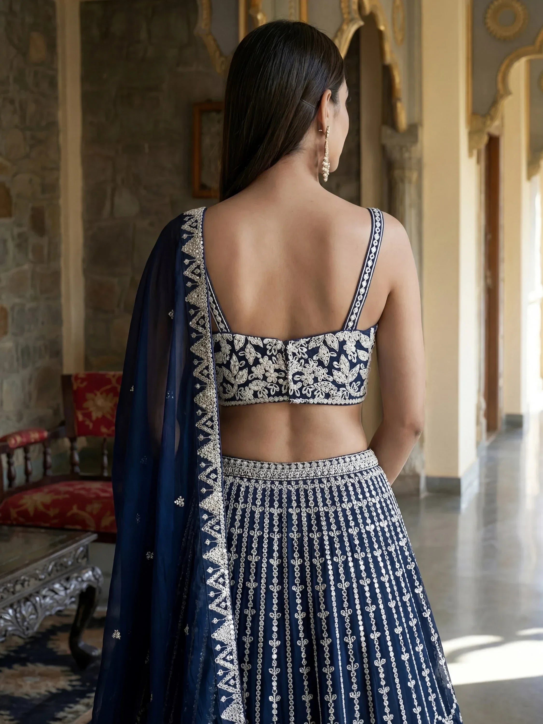 Blue Awesome Thread Work Georgette Reception Wear Lehenga Choli