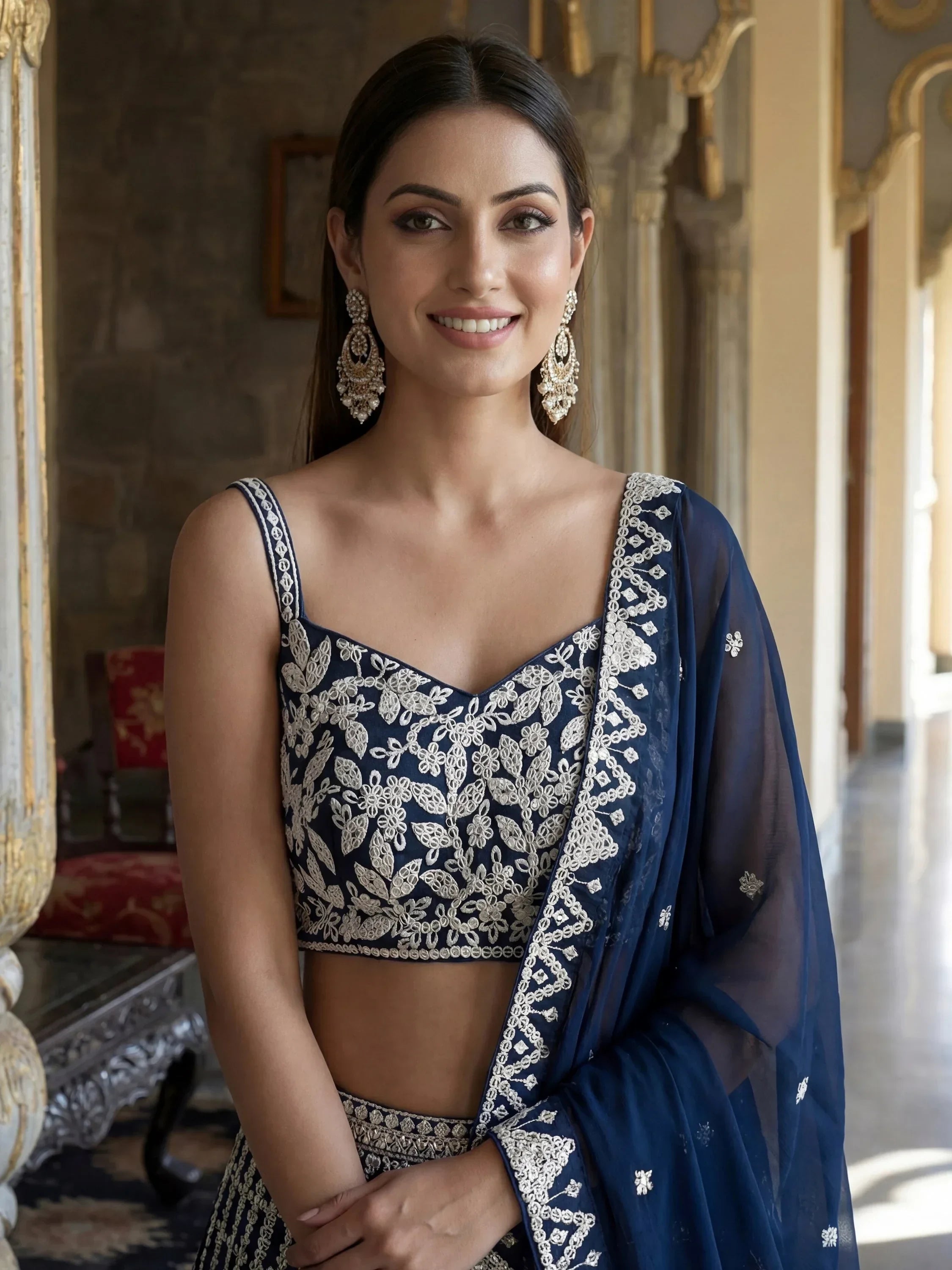 Blue Awesome Thread Work Georgette Reception Wear Lehenga Choli