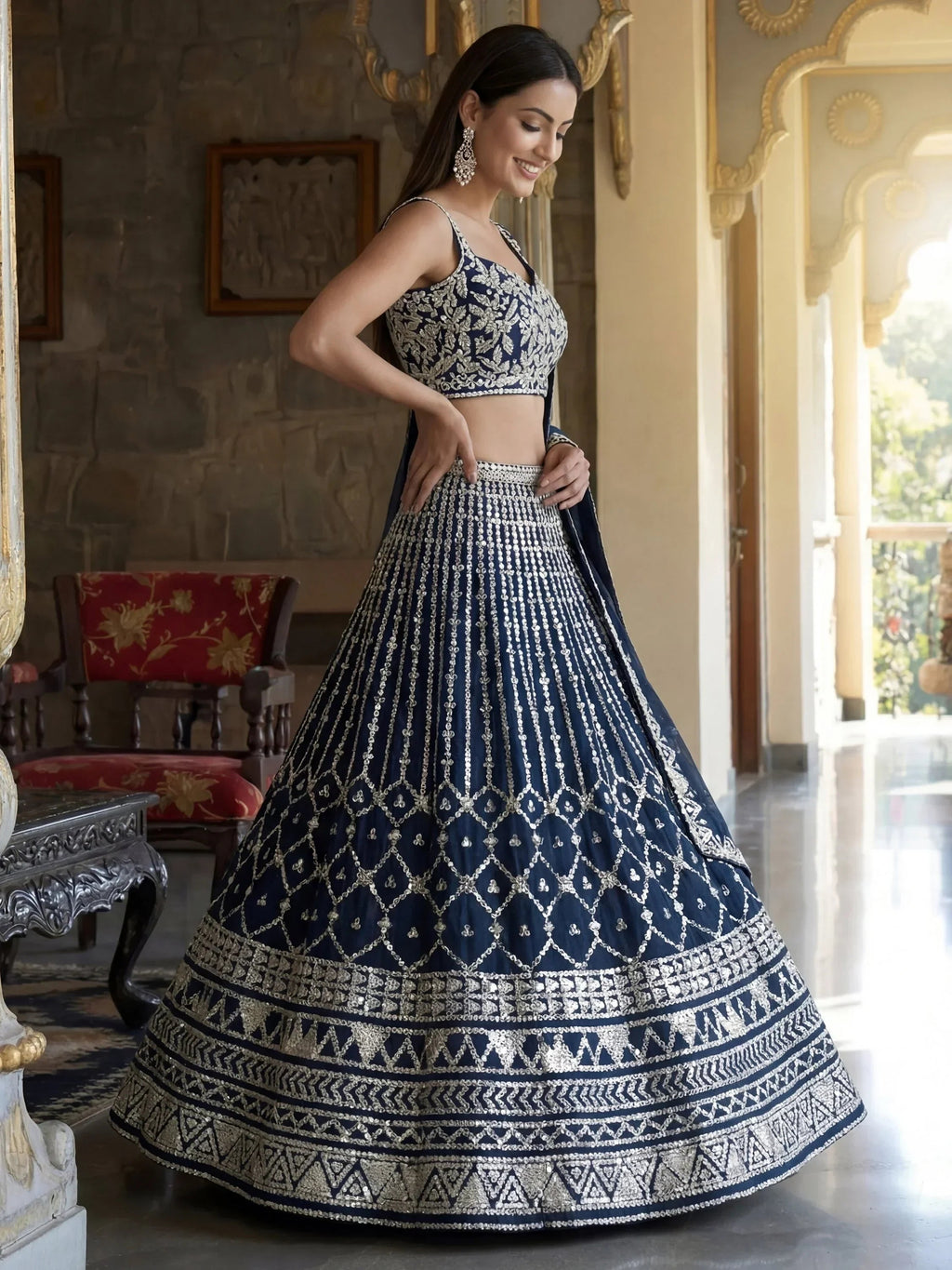Blue Awesome Thread Work Georgette Reception Wear Lehenga Choli